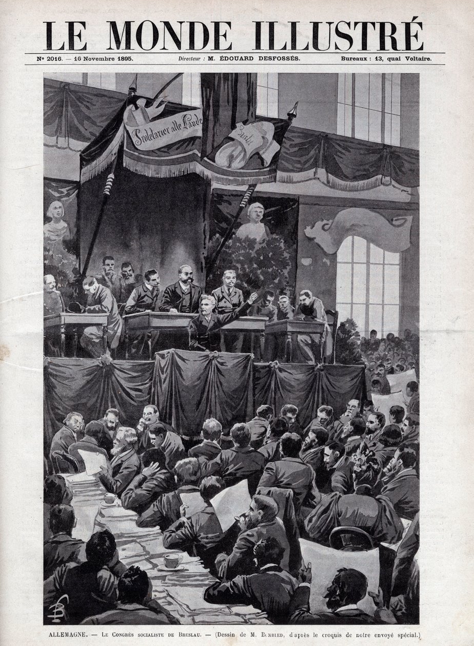 Przemówienie Augusta Bebla (1840-1913) podczas wrocławskiego zjazdu socjalistycznego w Niemczech w 1895 r. - Grawerowanie w „Światach ilustracyjnych” z 1895 r. – Rysunek bombardowany. autorstwa Louis Charles Bombled