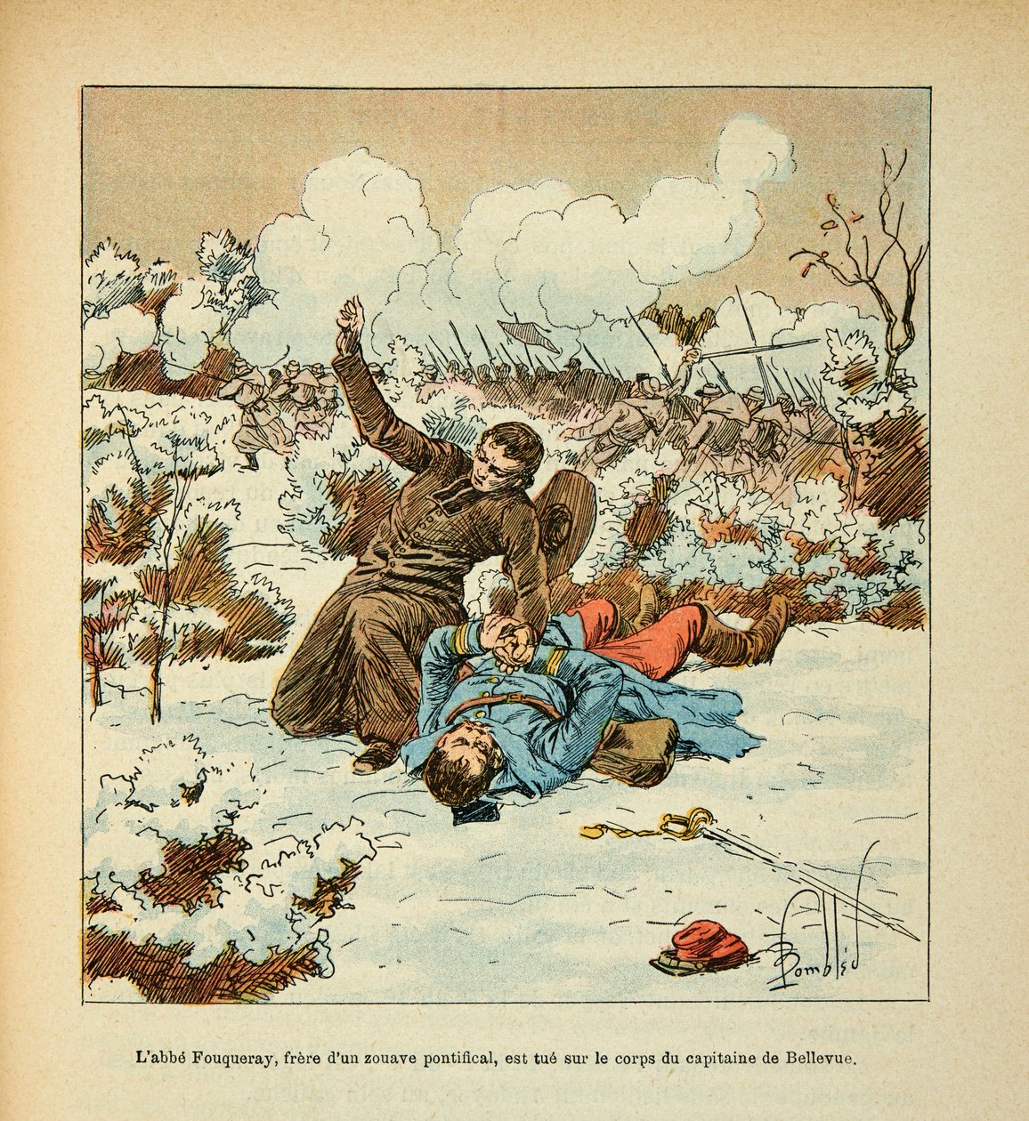 Armee nad Loarą, Eugene Sergeant, dit Grenest, zilustrowane przez Louisa Bombleda (1862-1927) (Wojna francusko-niemiecka; kampania 1870-1871): Abbe Fouqueray, brat papieskiego żuawa, ginie na ciele kapitana Bellevue, kolekcja prywatna autorstwa Louis Charles Bombled