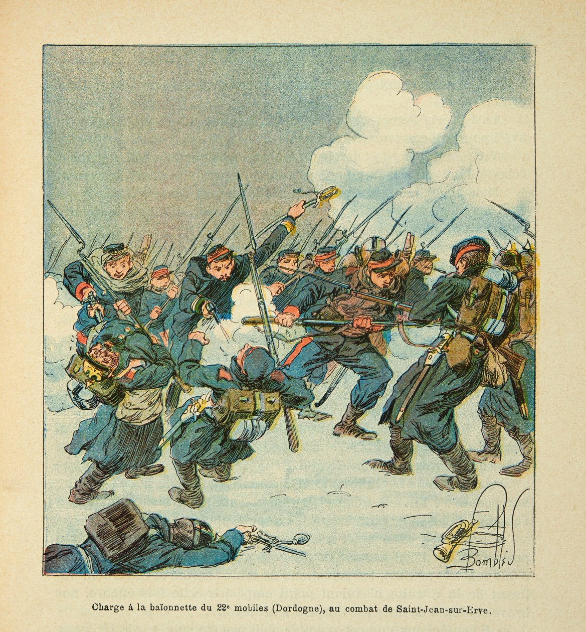Armee nad Loarą Eugene Sergeant, znany jako Grenest, zilustrowany przez Louisa Bombleda (1862-1927) (Wojna francusko-niemiecka; kampania 1870-1871): szarża na baionetę 22. komórki (Dordogne) w bitwie Saint Jean sur Evre w styczniu 1871, P autorstwa Louis Charles Bombled