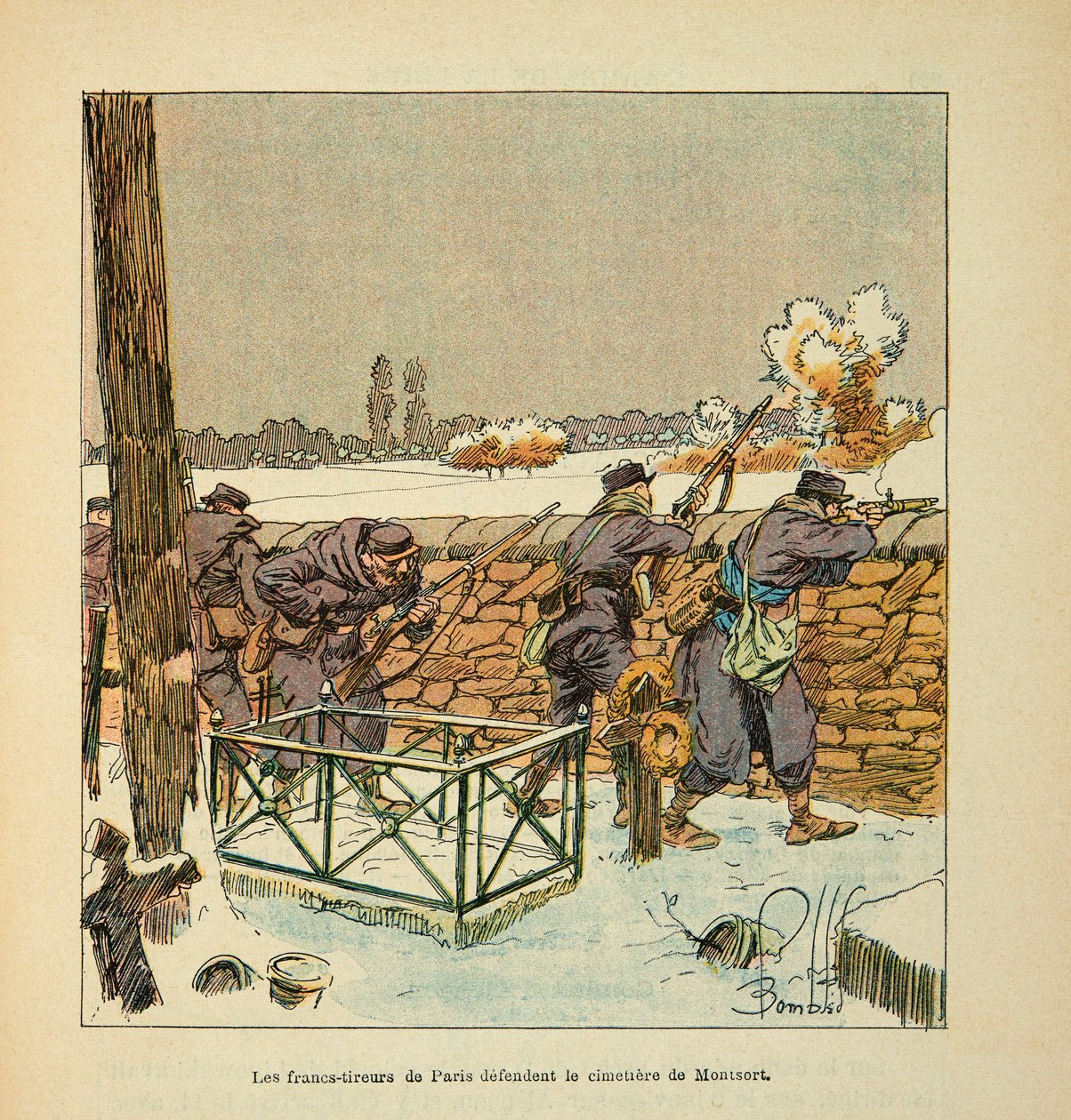 Armee nad Loarą, Eugene Sergent, znany jako Grenest, zilustrowany przez Louisa Bombleda (1862-1927) (Wojna francusko-niemiecka; kampania 1870-1871): Francuscy strzelcy z Paryża bronią cmentarza Montsort (Alencon) w styczniu 1871, Kolekcja prywatna autorstwa Louis Charles Bombled