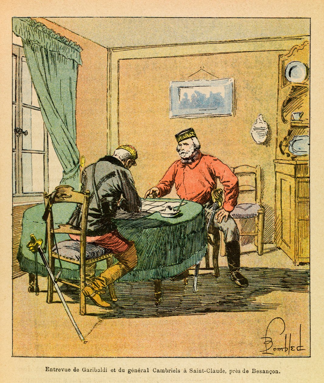 Wschodnia Armia Eugeniusza Sierżanta, dit Grenest, zilustrowana przez Louisa Bombleda (1862-1927) (Wojna francusko-niemiecka; kampania 1870-1871): Wywiad z Garibaldim i generałem Cambrielsem w Saint Claude koło Besancon, październik 1870, kolekcja prywatna autorstwa Louis Charles Bombled