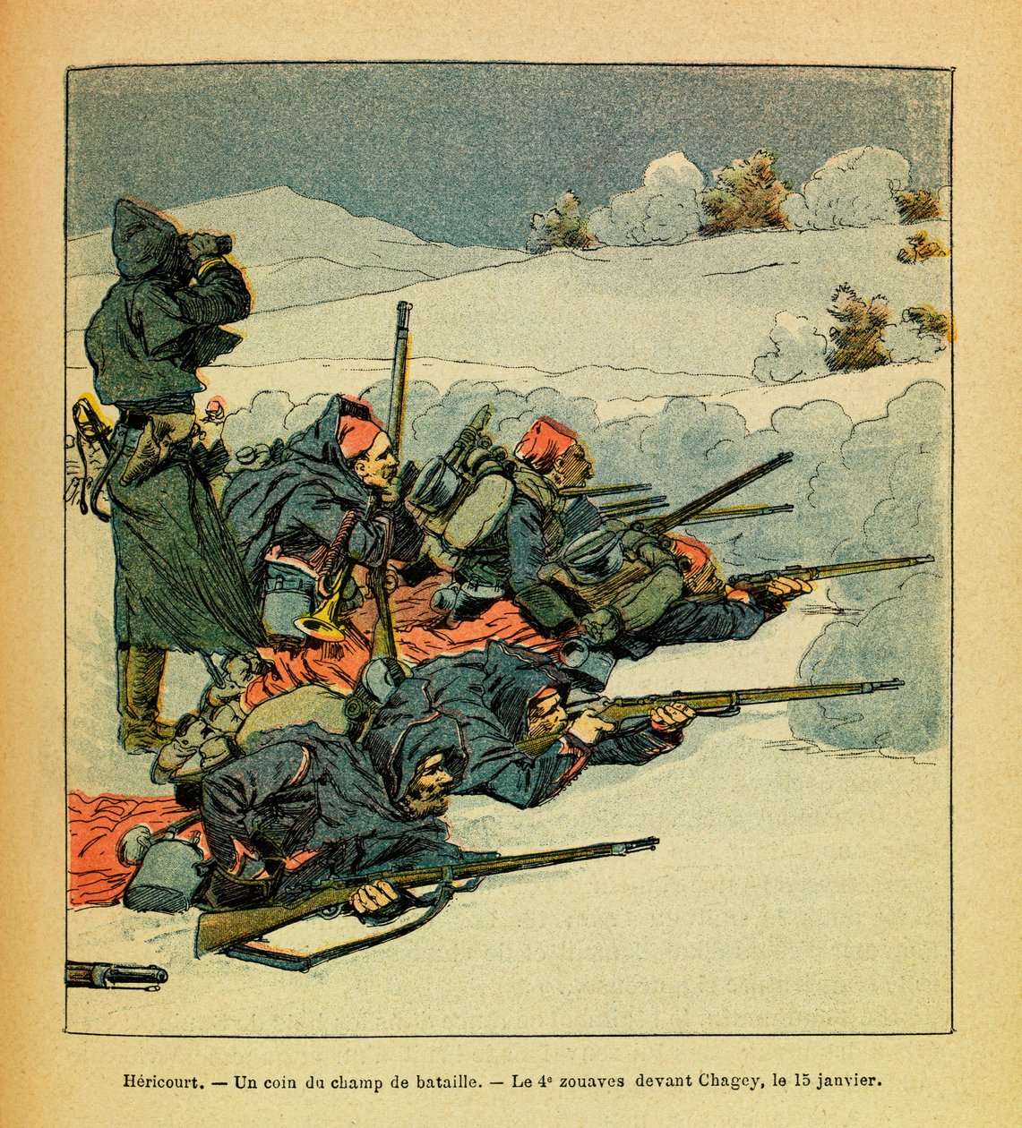 Armee Wschodnia Eugeniusza Sierżanta dit Grenest, ilustrowana przez Louisa Bombleda (1862-1927) (wojna francusko-niemiecka; kampania 1870-1871): Hericourt, narożnik pola bitwy; 4. zouave przed Chagey 15 stycznia autorstwa Louis Charles Bombled