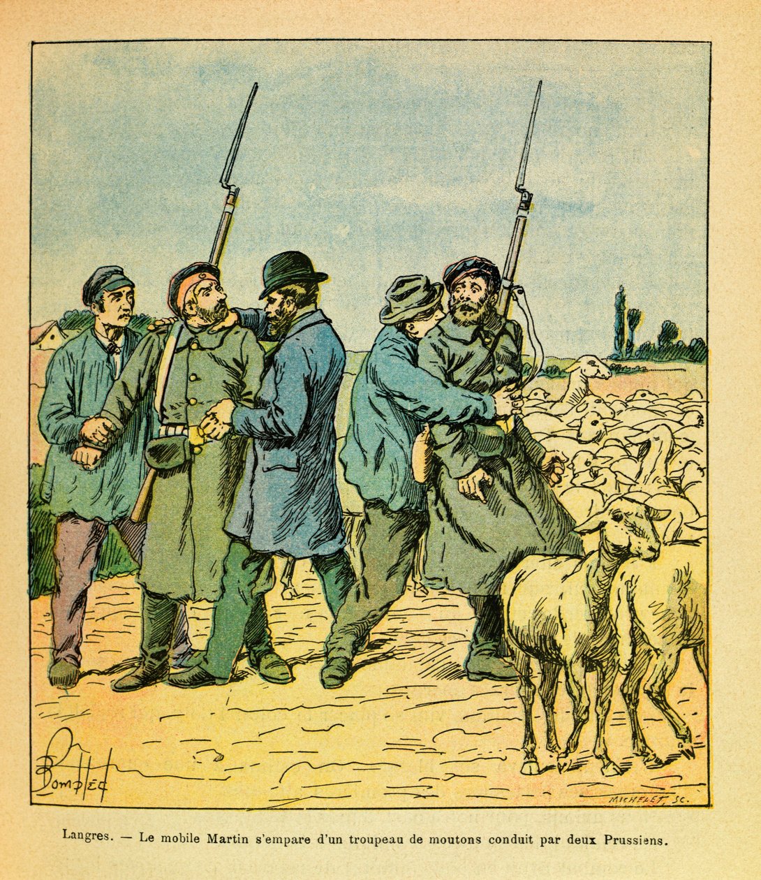 Wschodnia Armia Eugeniusza Sierżant, dit Grenest, zilustrowana przez Louisa Bombleda (1862-1927) (Wojna francusko-niemiecka; kampania 1870-1871): Martin mobile, przebrany za chłopa, zabrał stado owiec prowadzone przez dwóch Prusaków do Langres w listopadzi autorstwa Louis Charles Bombled