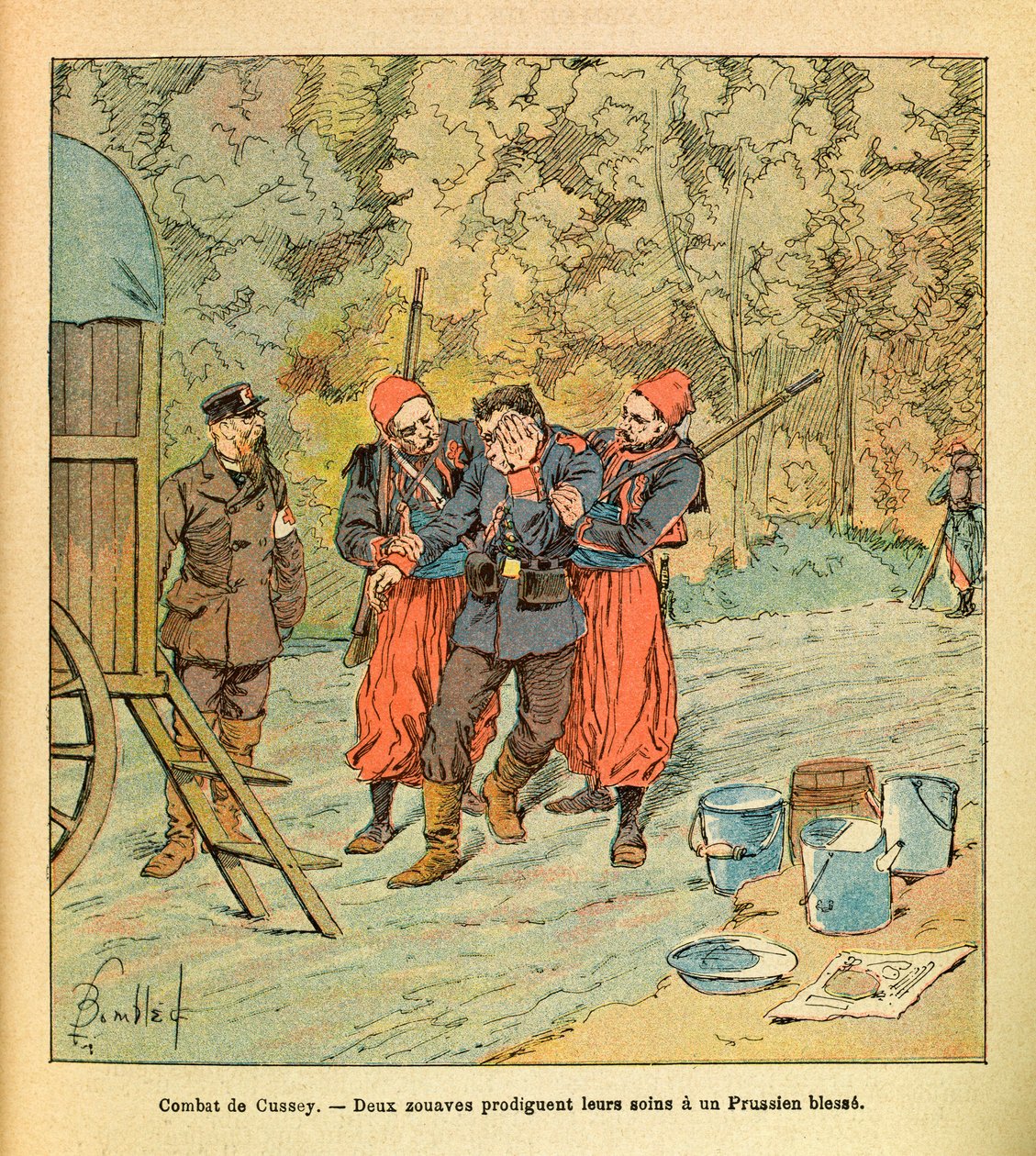 Wschodnia Armia Eugeniusza Sierżant, dit Grenest, zilustrowana przez Louisa Bombleda (1862-1927) (Wojna francusko-niemiecka; kampania 1870-1871): Bitwa pod Cussey, październik 1870, dwóch Żuawów opiekuje się rannym Prusakiem, Zbiórka częściowa autorstwa Louis Charles Bombled