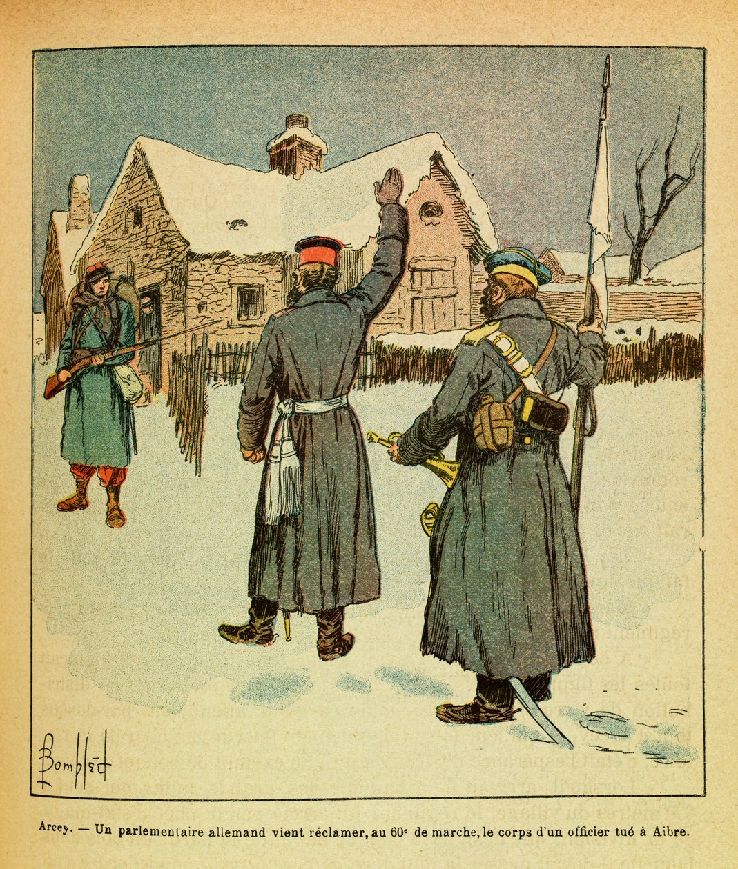 Wschodnia Armia Eugeniusza Sierżanta, dit Grenest, zilustrowana przez Louisa Bombleda (1862-1927) (Wojna francusko-niemiecka; kampania 1870-1871): styczeń 1871 r. – Arcey, niemiecki parlamentarzysta przybywa, by w 60 marca odzyskać ciało oficera zabija w A autorstwa Louis Charles Bombled