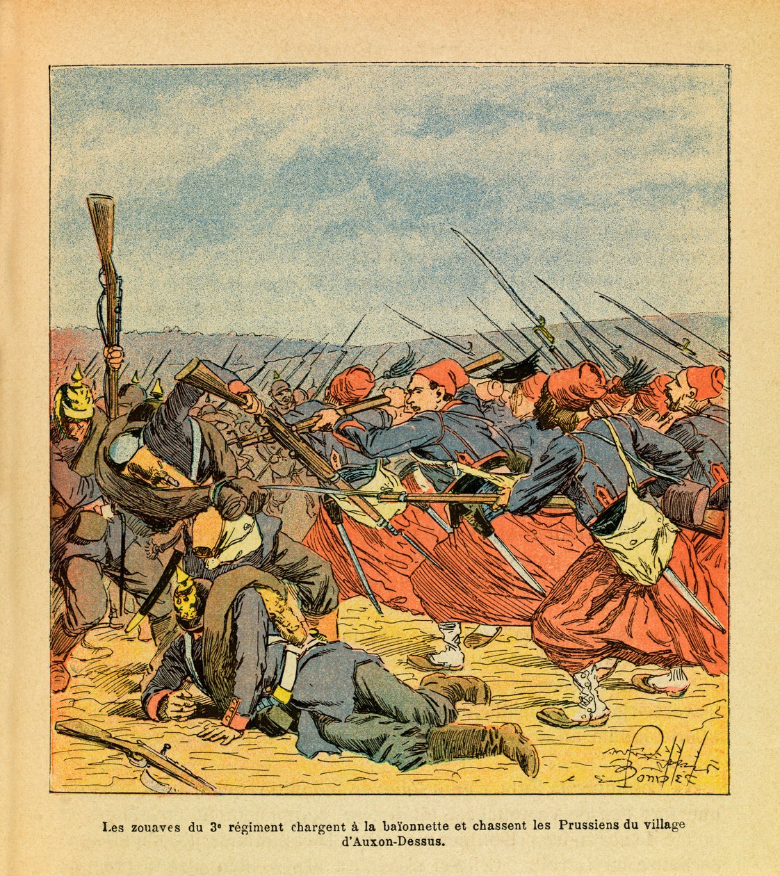 Armee Wschodnia Eugeniusza Sierżanta dit Grenest, ilustrowana przez Louisa Bombleda (1862-1927) (wojna francusko-niemiecka; kampania 1870-1871): Żuawi z 3. Pułku szarżują na baonette i wypędzają Prusaków z wioski Auxon-Dessus podczas kampanii 1870-1871. autorstwa Louis Charles Bombled