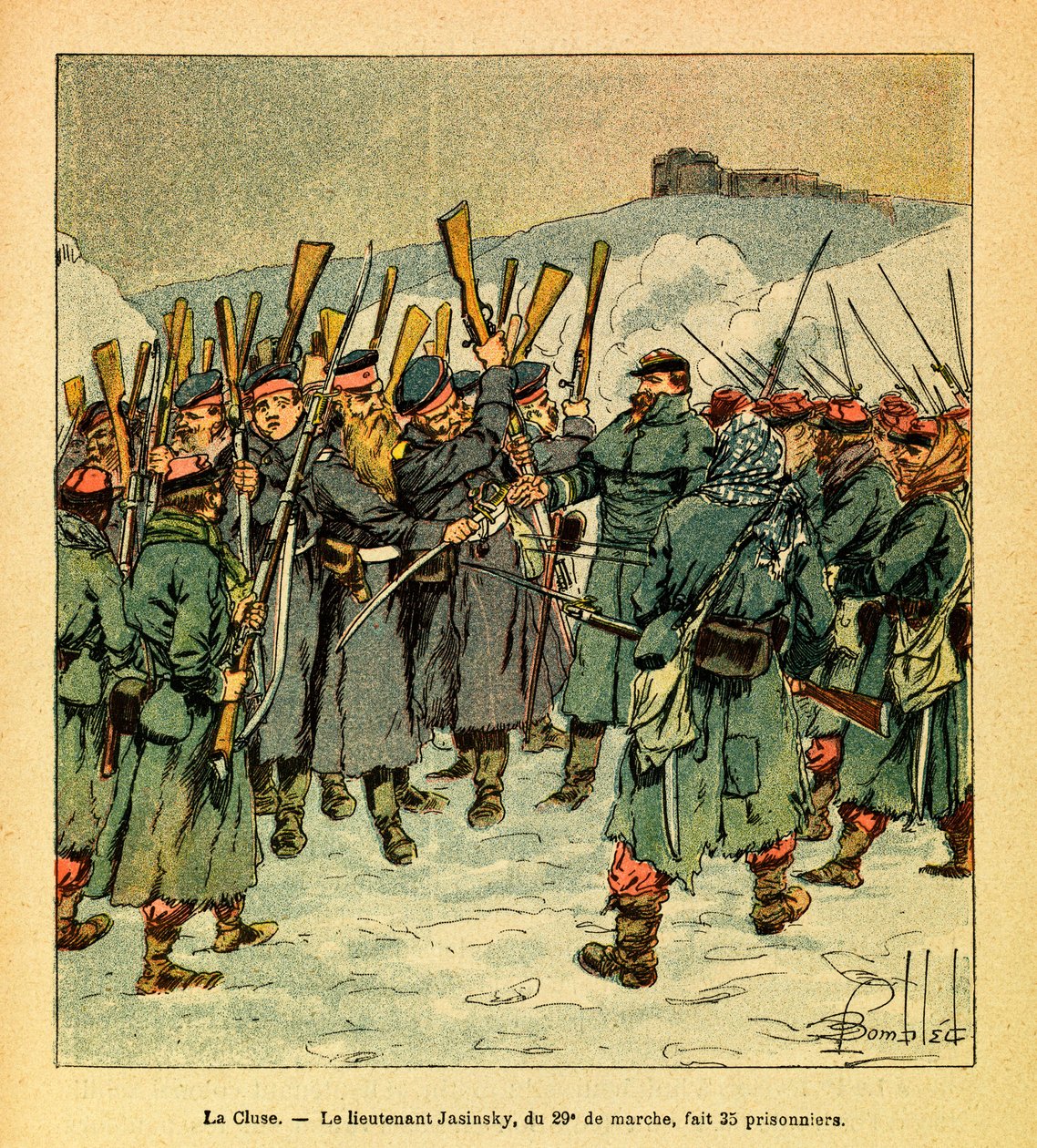Wschodnia Armia Eugeniusza Sierżant, znana jako Grenest, zilustrowana przez Louisa Bombleda (1862-1927) (Wojna francusko-niemiecka; kampania 1870-1871): luty 1871 podczas ostatnich walk pod La Cluse Porucznik Jasinsky z 29 marca zrobione 35 jeńców, Priv autorstwa Louis Charles Bombled