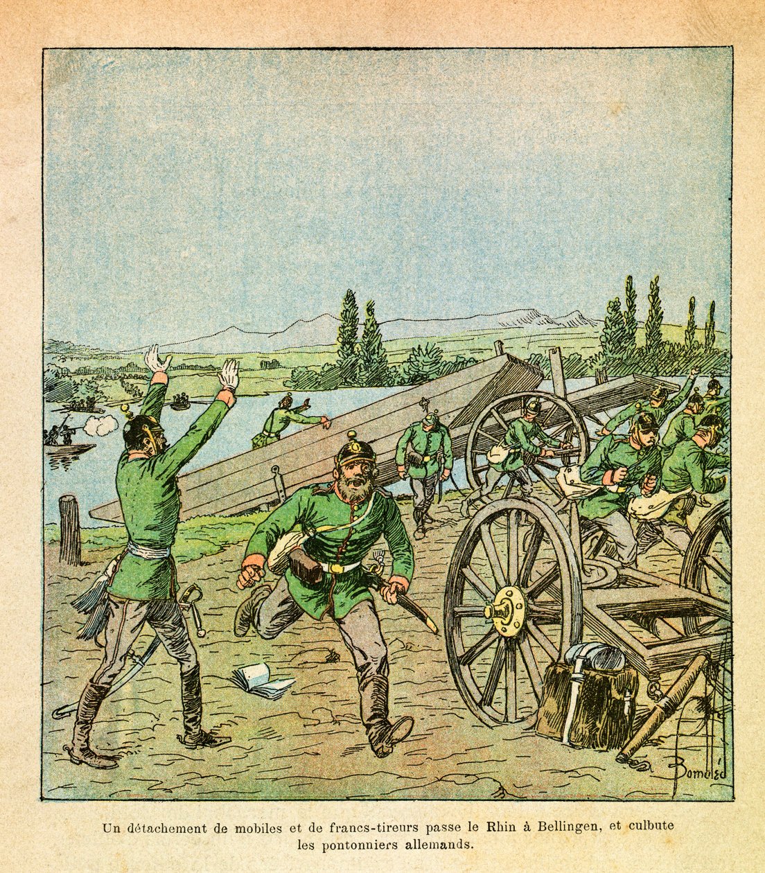Wschodnia Armia Eugeniusza Sierżanta, znanego jako Grenest, zilustrowana przez Louisa Bombleda (1862-1927) (Wojna francusko-niemiecka; kampania 1870-1871): Oddział motywów francuskich i snajperów przekroczył Ren i wstrząsnął niemieckimi mostowcami, Prywatn autorstwa Louis Charles Bombled
