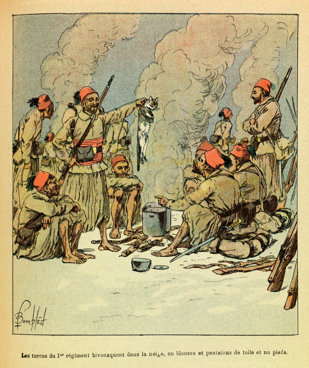 Wschodnia Armia Eugeniusza Sierżanta, znana jako Grenest, zilustrowana przez Louisa Bombleda (1862-1927) (Wojna francusko-niemiecka; kampania 1870-1871): styczeń 1871, Turcy z 1 pułku biwakowali na śniegu, w bluzach i spodnie z płótna i gołej opłaty autorstwa Louis Charles Bombled