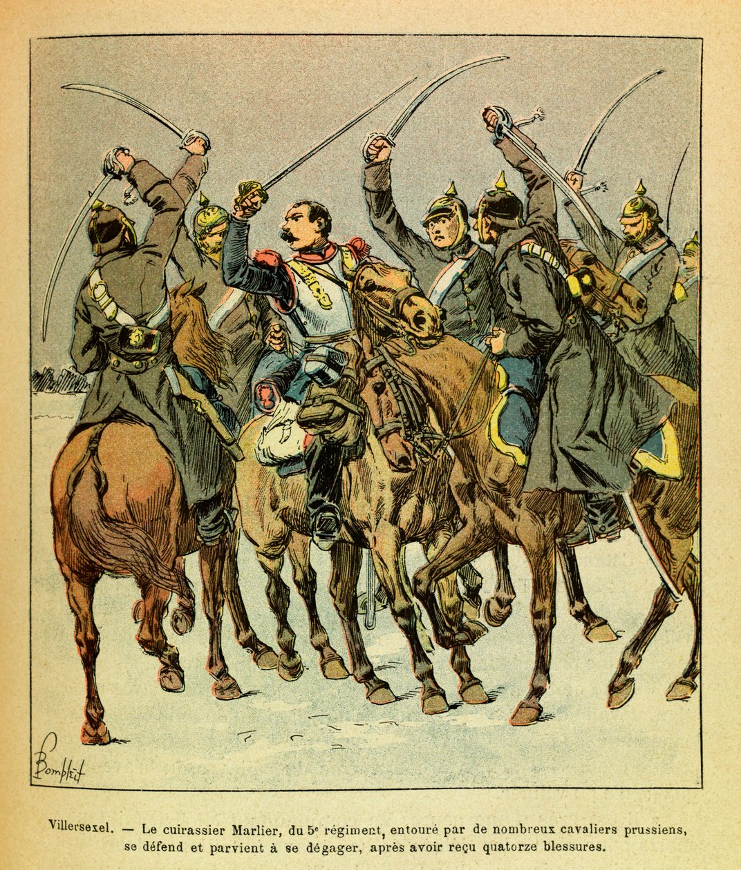 Wschodni Armee Eugeniusza Sierżant, znany jako Grenest, zilustrowany przez Louisa Bombleda (1862-1927) (Wojna francusko-niemiecka; kampania 1870-1871): Podczas bitwy pod Villersexel pancernik Marlier z 5 pułku otoczony przez Prusaków , zarządzany autorstwa Louis Charles Bombled