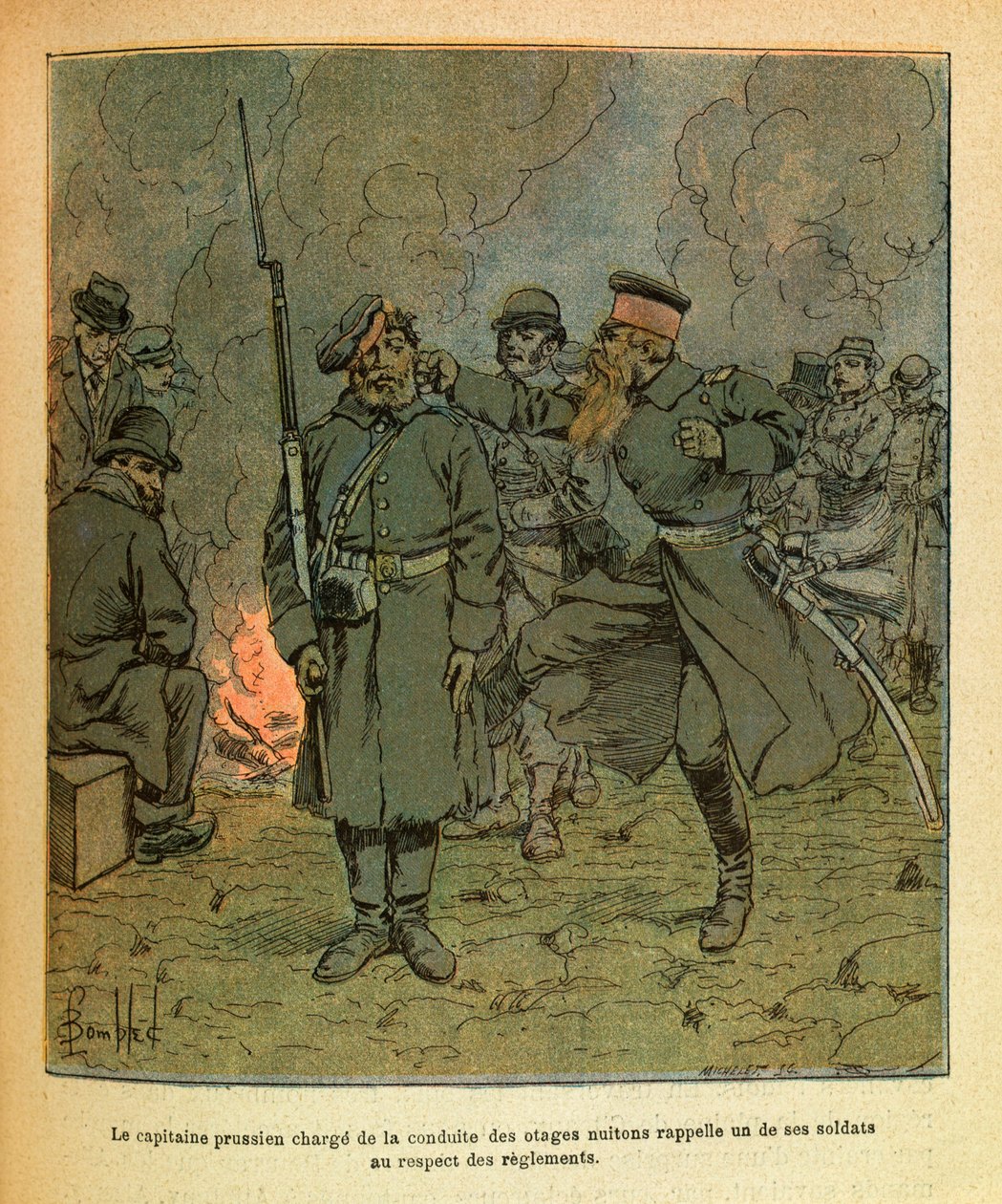 Wschodnia Armia Eugeniusza Sierżant, znana jako Grenest, zilustrowana przez Louisa Bombleda (1862-1927) (Wojna francusko-niemiecka; kampania 1870-1871): pruski kapitan odpowiedzialny za prowadzenie zakładników Nuits Saint Georges wspomina jedną jego żołnie autorstwa Louis Charles Bombled
