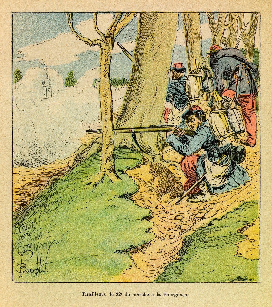 Wschodni Armee Eugeniusza Sierżant, znany jako Grenest, zilustrowany przez Louisa Bombleda (1862-1927) (Wojna francusko-niemiecka; kampania 1870-1871): Pod rozkazami generała Dupre, szewca 32. marszu w bitwie pod La Bourgonce w październiku 1870, Priva autorstwa Louis Charles Bombled