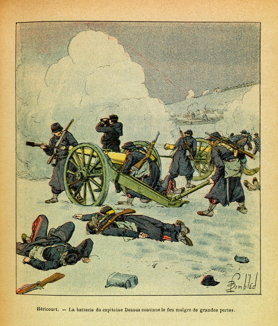Wschodnia Armia Eugeniusza Sierżanta, znana jako Grenest, zilustrowana przez Louisa Bombleda (1862-1927) (Wojna francusko-niemiecka; kampania 1870-1871): styczeń 1871, Hericourt, bateria kapitana Dessusa kontynuuje ogień wielkich strat, Kolekcja prywatna autorstwa Louis Charles Bombled