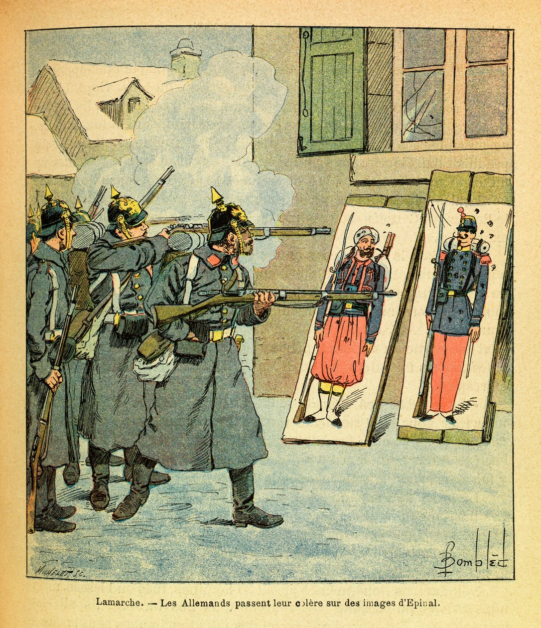 Wschodnia Armia Eugeniusza Sierżant, znana jako Grenest, zilustrowana przez Louisa Bombleda (1862-1927) (Wojna francusko-niemiecka; kampania 1870-1871): W Lamarche niemieccy żołnierze wyrażają swój gniew na obrazach Epinal, Collection Partial autorstwa Louis Charles Bombled