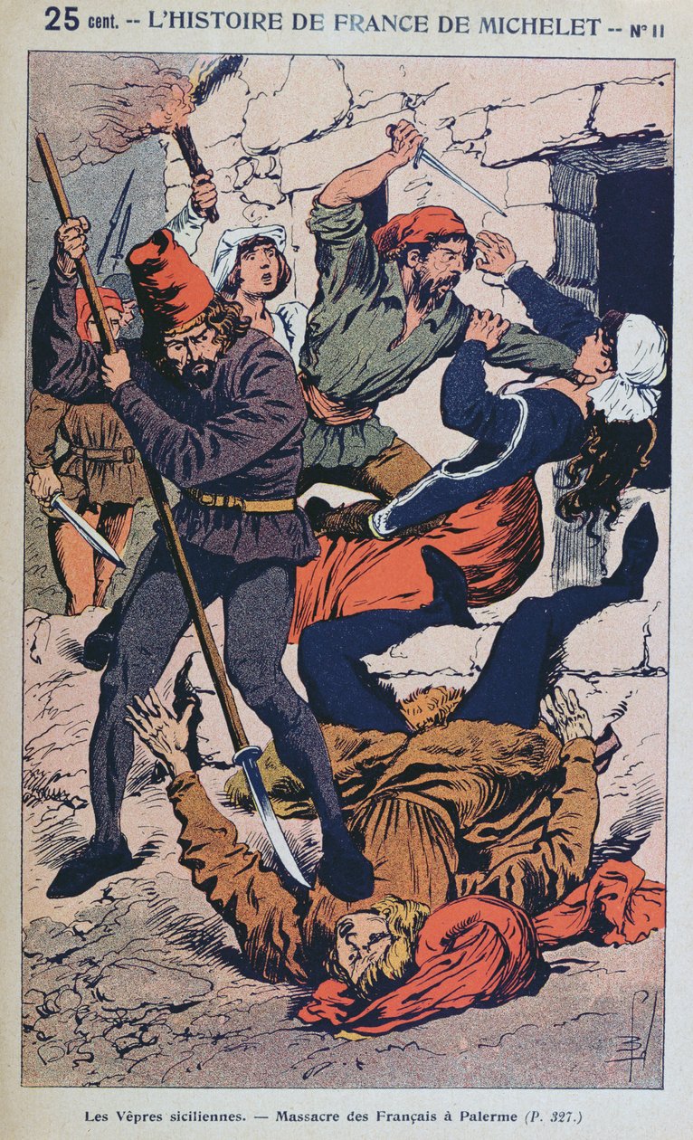 „Nieszpory sycylijskie” (30 marca-koniec kwietnia 1282), ilustracja Michele do popularnej historii Francji, ok. 1900 (kolorowa grawerunek) autorstwa Louis Charles Bombled