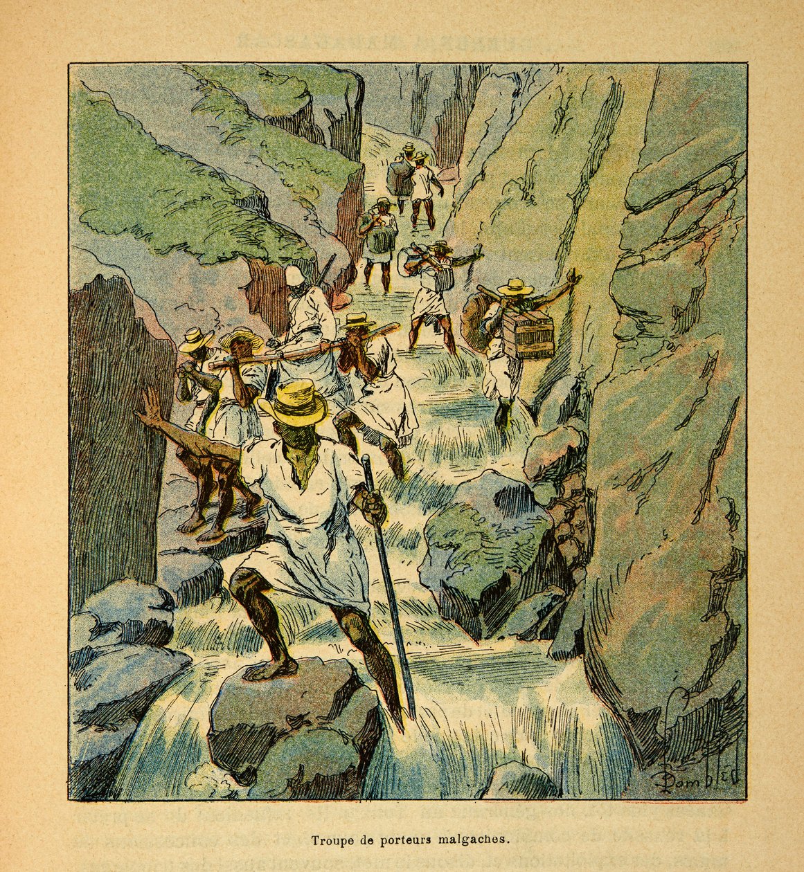 Wojna na Madagaskarze-Anegdota Historia francuskich ekspedycji 1885-1895 Henri Galli dit Galllichet (1854-1922), ilustracja Louis Bombled (1862-1927): Malgaskie oddziały transportowe w 1895, kolekcja prywatna autorstwa Louis Charles Bombled