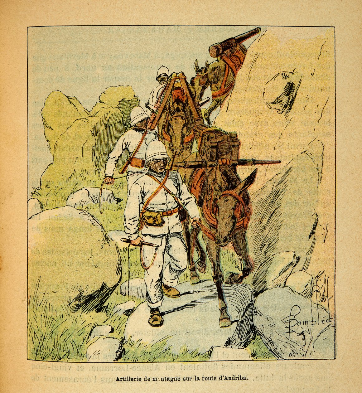 Wojna na Madagaskarze – anegdotyczna historia francuskich ekspedycji z lat 1885-1895 Henri Galli dit Galllichet (1854-1922), ilustracja Louis Bombled (1862-1927): Artyleria górska na drodze Andriba do Madagaskaru w 1895 r., zbiory prywatne autorstwa Louis Charles Bombled