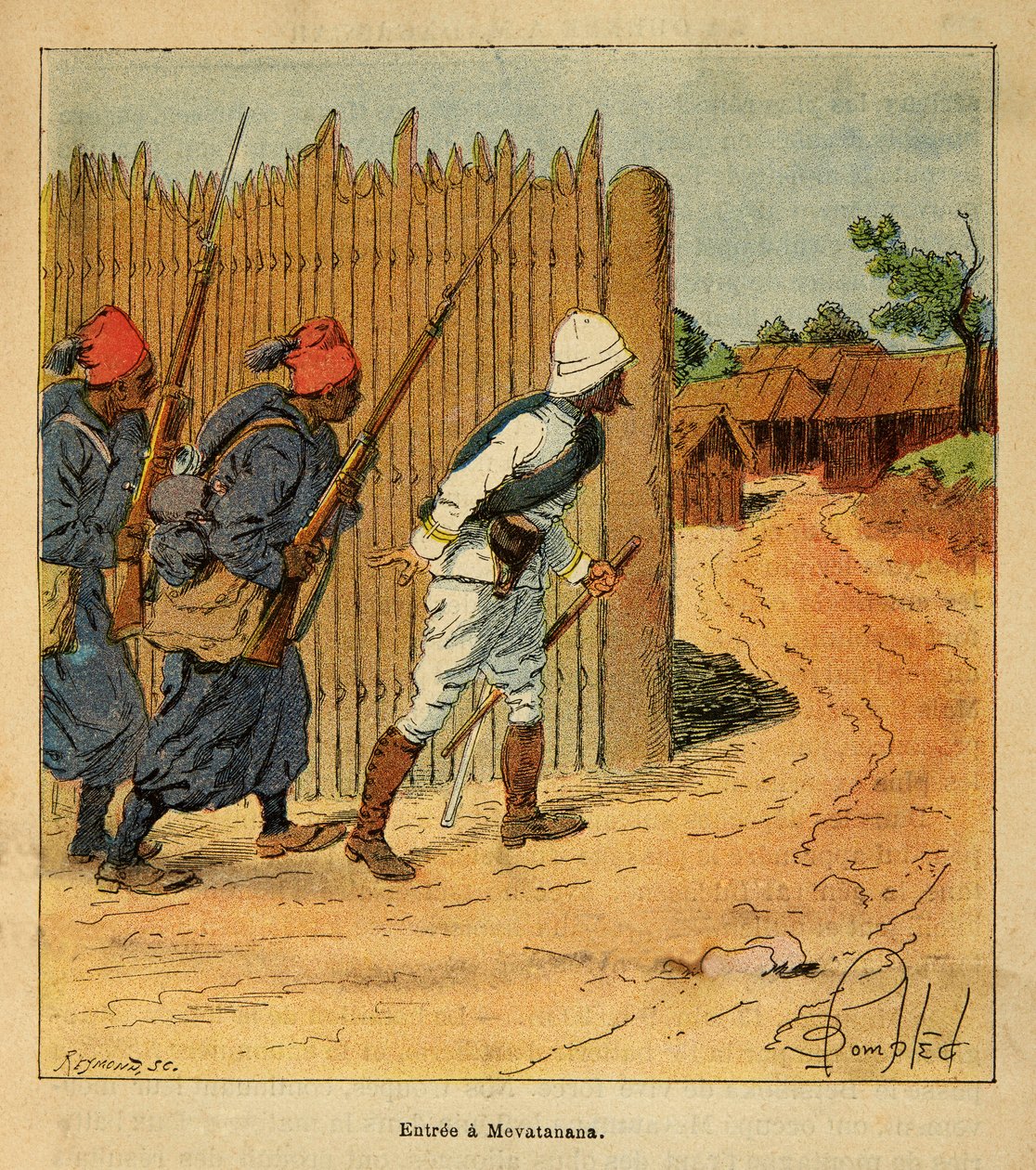 Wojna na Madagaskarze – anegdotyczna historia francuskich ekspedycji z lat 1885-1895 Henri Galli dit Galllichet (1854-1922), zilustrowana przez Louisa Bombleda (1862-1927): wojska francuskie wkroczyły do wioski Mevatanana w 1895 r., zbiory prywatne autorstwa Louis Charles Bombled