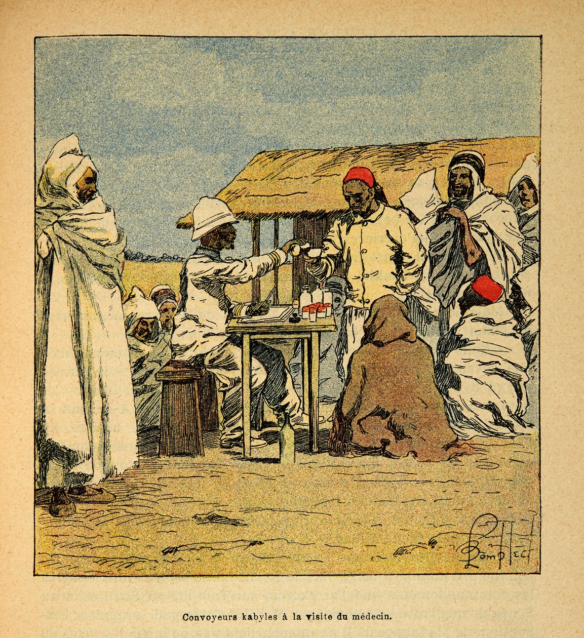 Wojna na Madagaskarze-Anegdota Historia francuskich ekspedycji 1885-1895 Henri Galli dit Galllichet (1854-1922), ilustracja Louis Bombled (1862-1927): Convoyeurs Kabiles wizyta lekarza wojskowego, zbiory prywatne autorstwa Louis Charles Bombled