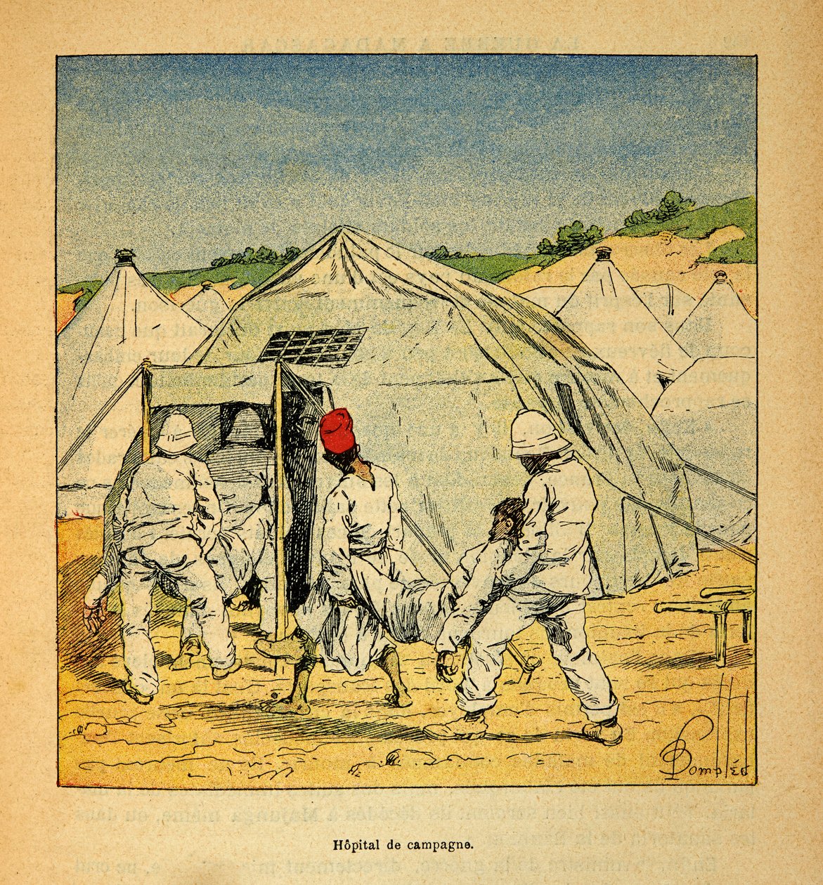 Wojna na Madagaskarze – anegdotyczna historia francuskich ekspedycji z lat 1885-1895 Henri Galli dit Galllichet (1854-1922), ilustracja Louis Bombled (1862-1927): Wojskowy Szpital Polowy na Madagaskarze w 1895 r., zbiory prywatne autorstwa Louis Charles Bombled