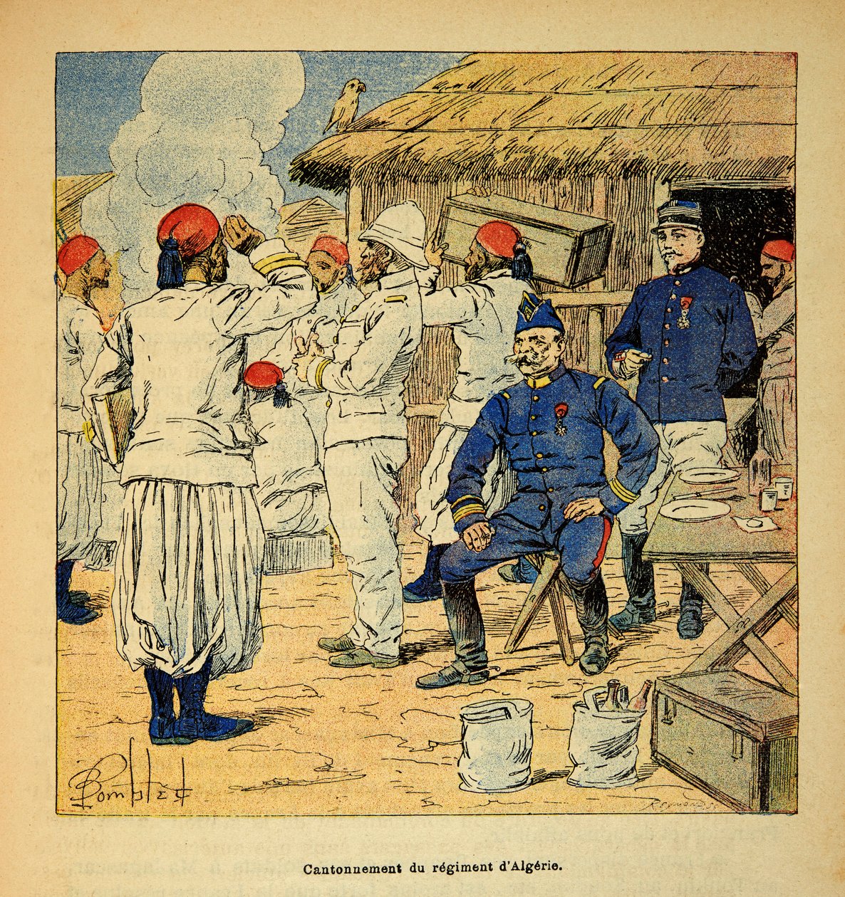 Wojna na Madagaskarze-Anegdota Historia francuskich ekspedycji 1885-1895 Henri Galli dit Galllichet (1854-1922), ilustrowana przez Louisa Bombleda (1862-1927): Kantonacja pułku algierskiego podczas francuskiej ekspedycji na Madagaskar w 1895 roku , P autorstwa Louis Charles Bombled