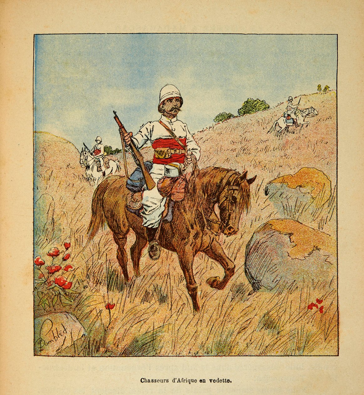Wojna na Madagaskarze – anegdotyczna historia francuskich ekspedycji z lat 1885-1895 Henri Galli dit Galllichet (1854-1922), ilustracja Louis Bombled (1862-1927): Hunter of Africa in scout in Madagascar in 1895, Private Collection autorstwa Louis Charles Bombled