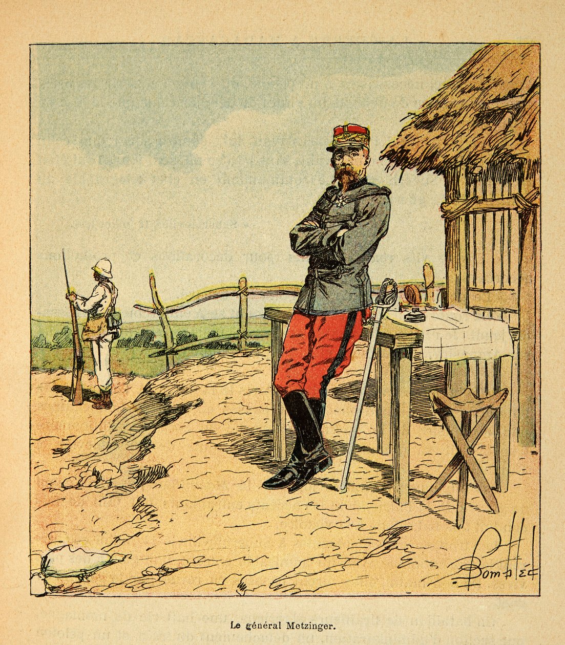 Wojna na Madagaskarze-Anegdota historii francuskich ekspedycji 1885-1895 Henri Galli dit Galllichet (1854-1922), ilustracja Louis Bombled (1862-1927): Portret generała Metzingera na Madagaskarze w 1895, kolekcja prywatna autorstwa Louis Charles Bombled