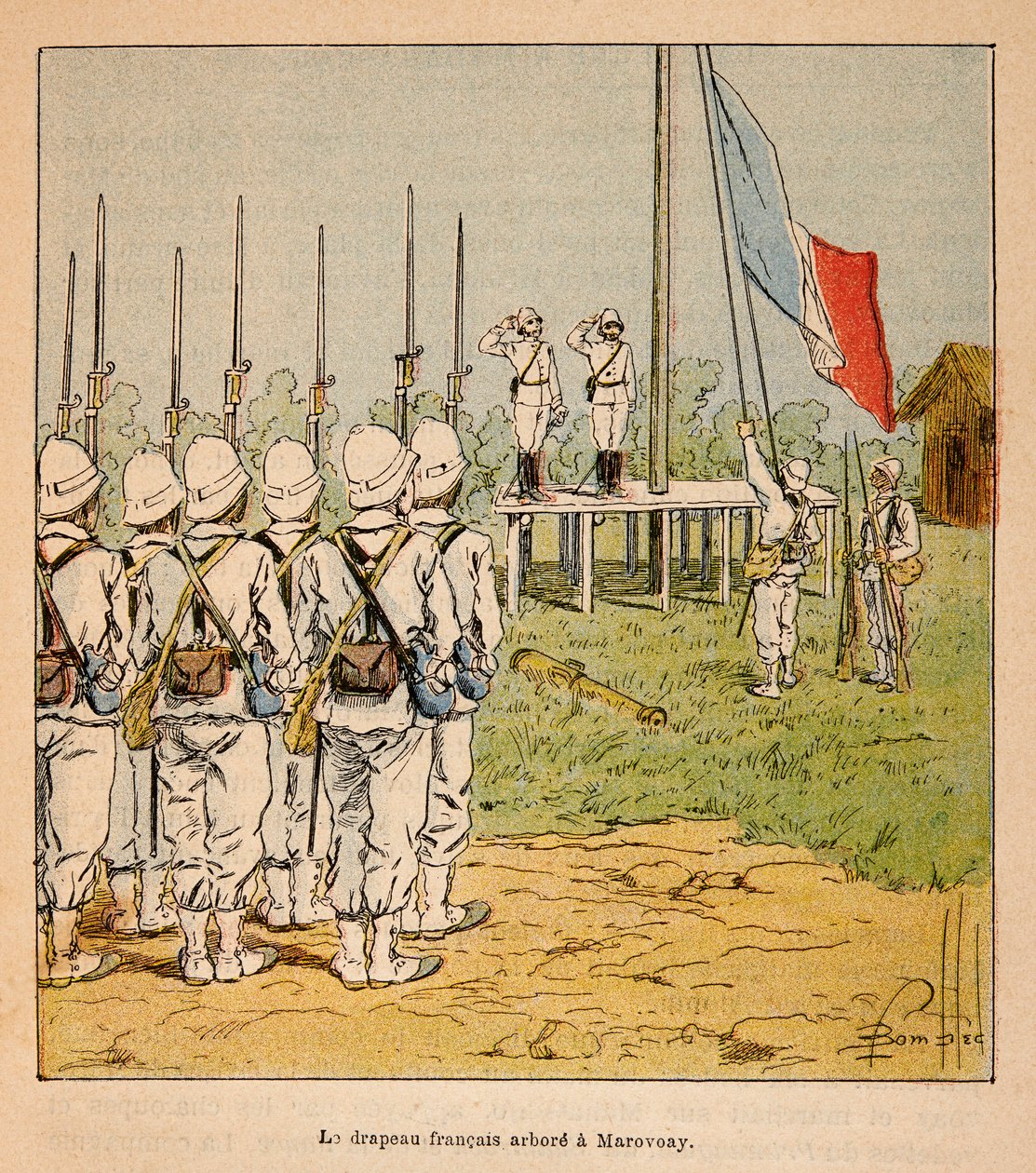 Wojna na Madagaskarze – anegdotyczna historia francuskich ekspedycji z lat 1885-1895 Henri Galli dit Galllichet (1854-1922), zilustrowana przez Louisa Bombleda (1862-1927): Flaga francuska unosi się w Marovoay w 1895 roku, kolekcja prywatna autorstwa Louis Charles Bombled