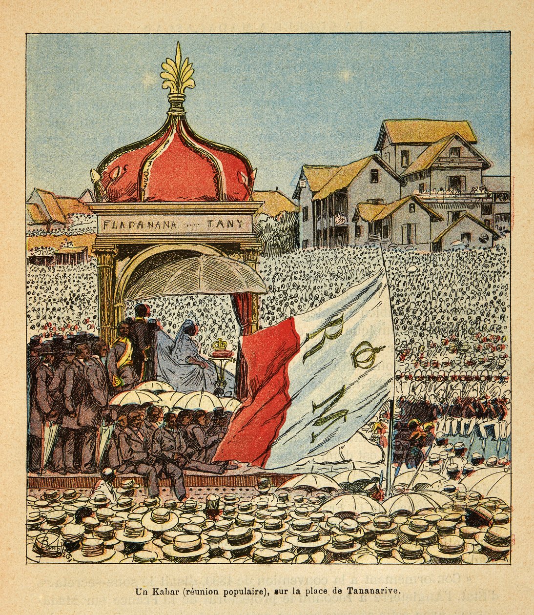 Wojna na Madagaskarze – anegdotyczna historia francuskich ekspedycji z lat 1885-1895 Henri Galli dit Galllichet (1854-1922), zilustrowana przez Louisa Bombleda (1862-1927): Kabar (spotkanie ludowe) na placu Tananarive w XIX wieku w obecność Qu autorstwa Louis Charles Bombled