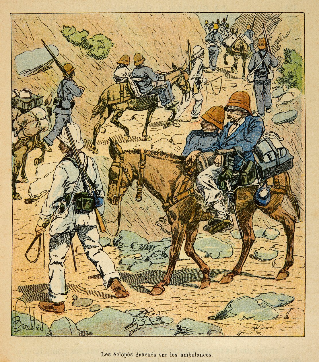 Wojna na Madagaskarze – anegdotyczna historia francuskich ekspedycji z lat 1885-1895 Henri Galli dit Galllichet (1854-1922), zilustrowana przez Louisa Bombleda (1862-1927): The Eclopes of the Arm Escapes on Fortune Ambulances in Madagaskar, kolekcja prywat autorstwa Louis Charles Bombled