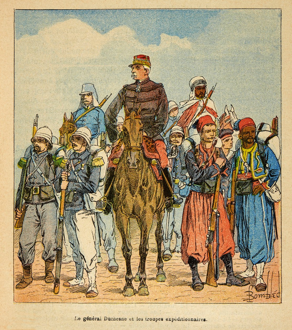 Wojna na Madagaskarze – anegdotyczna historia francuskich ekspedycji z lat 1885-1895 Henri Galli dit Galllichet (1854-1922), zilustrowana przez Louisa Bombleda (1862-1927): Generał Duchesne z oddziałami ekspedycyjnymi Madagaskaru, kolekcja prywatna autorstwa Louis Charles Bombled