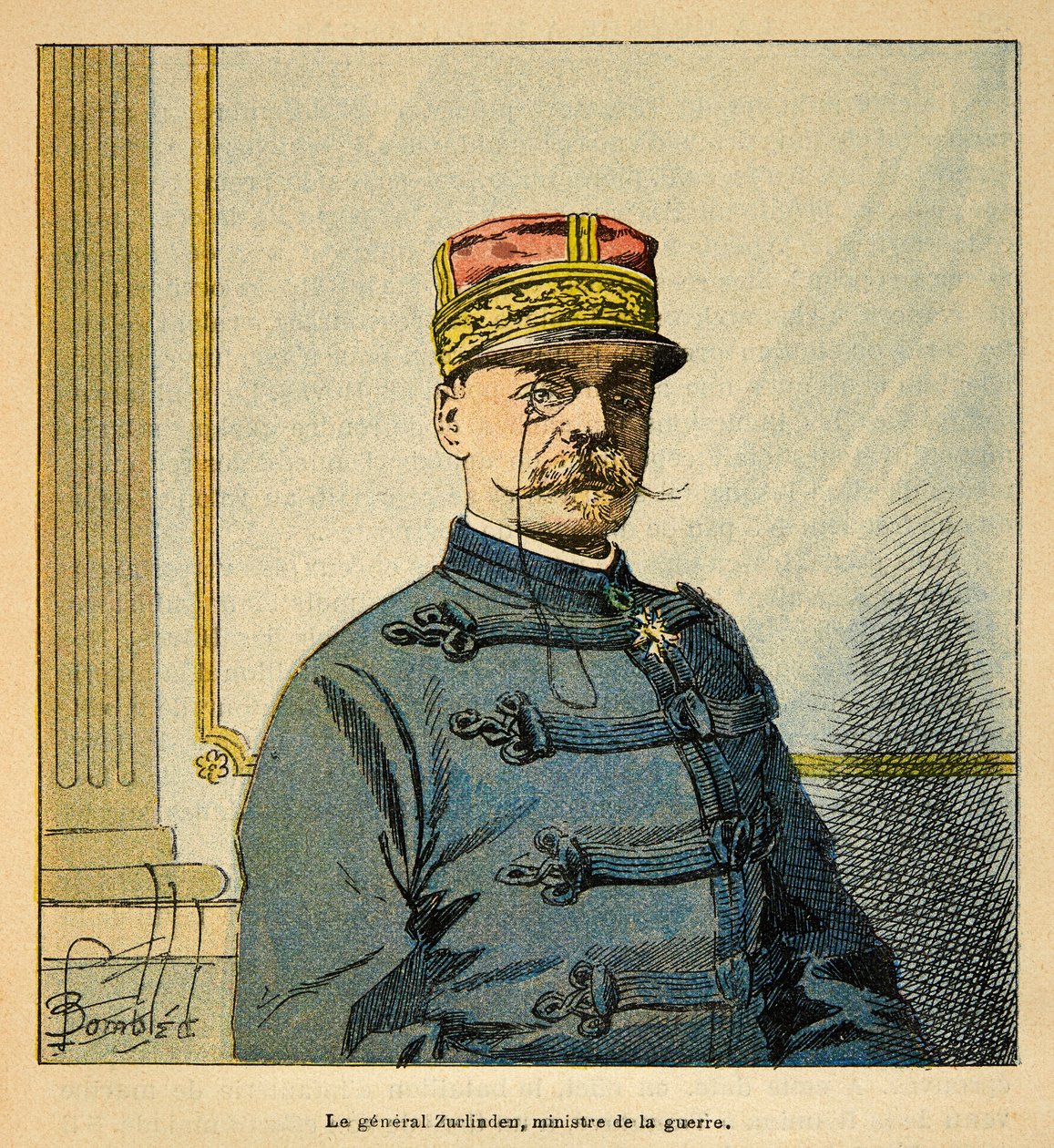 Wojna na Madagaskarze – anegdotyczna historia francuskich ekspedycji 1885-1895 Henri Galli dit Galllichet (1854-1922), ilustracja Louis Bombled (1862-1927): Portret generała Emile Auguste Francois Zurlinden (1837-1929), minister wojny, szeregowiec C autorstwa Louis Charles Bombled