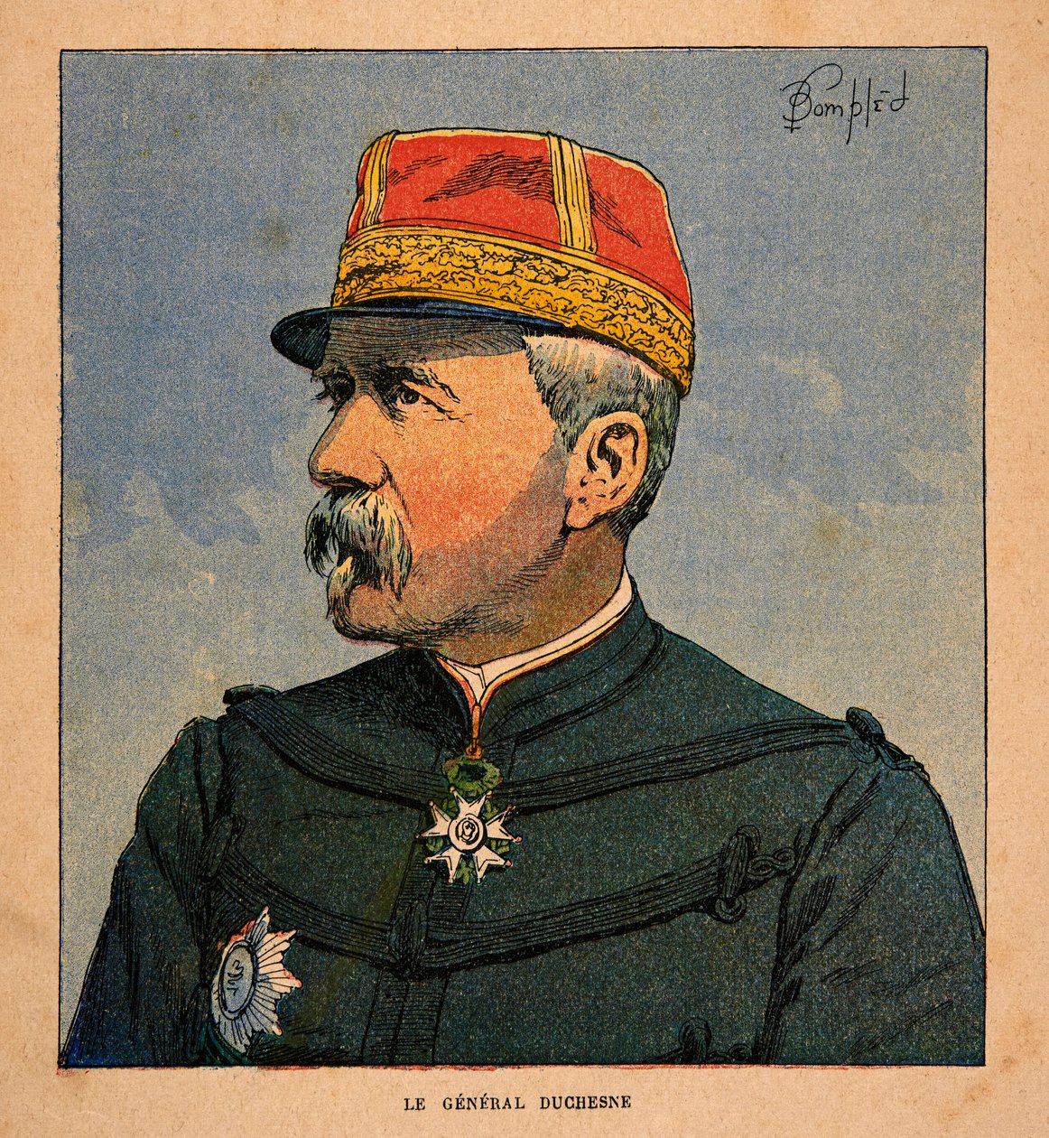 Wojna na Madagaskarze-Anegdota Historia francuskich wypraw z lat 1885-1895 Henri Galli dit Galllichet (1854-1922), ilustracja Louis Bombled (1862-1927): Portret generała Duchesne (1837-1918) Naczelnego wodza francuskiego Korpusu Ekspedycyjnego autorstwa Louis Charles Bombled