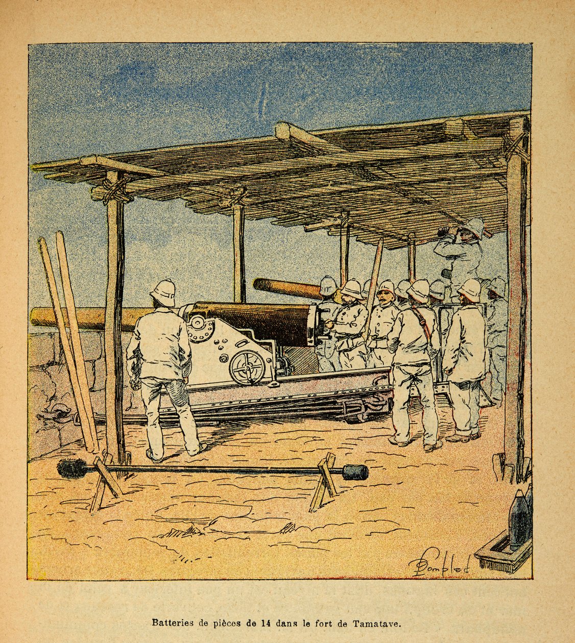 Wojna na Madagaskarze-Anegdota Historia francuskich ekspedycji 1885-1895 Henri Galli dit Galllichet (1854-1922), ilustracja Louis Bombled (1862-1927): Bębny z 14 sztuk w Forcie Tamatave w 1895, kolekcja prywatna autorstwa Louis Charles Bombled