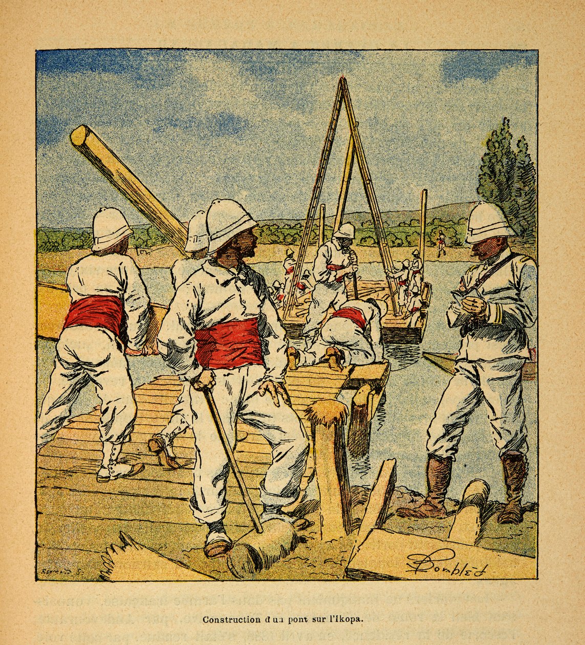 The War in Madagascar-Anecdotal History of the French Expeditions of 1885-1895 autorstwa Henri Galli dit Galllichet (1854-1922), ilustrowana przez Louis Bombled (1862-1927): Budowa mostu przez dżina na rzece Ikopa w 1895 r., kolekcja prywatna autorstwa Louis Charles Bombled