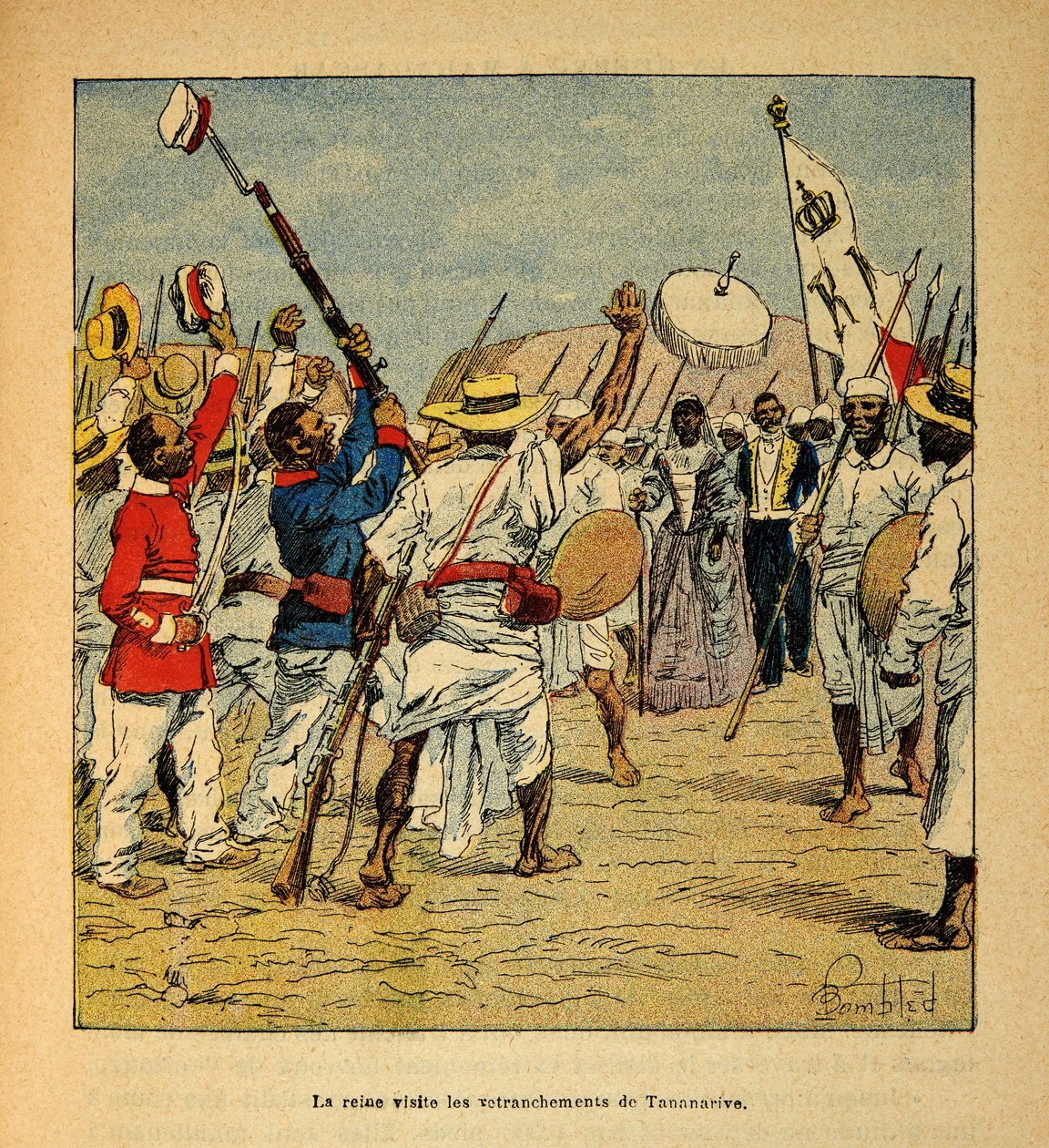 The War in Madagascar-Anecdotal History of the French Expeditions of 1885-1895 autorstwa Henri Galli dit Galllichet (1854-1922), ilustrowana przez Louis Bombled (1862-1927): Królowa Ranavalona odwiedza okopy Tananarive w 1895 r., kolekcja prywatna autorstwa Louis Charles Bombled