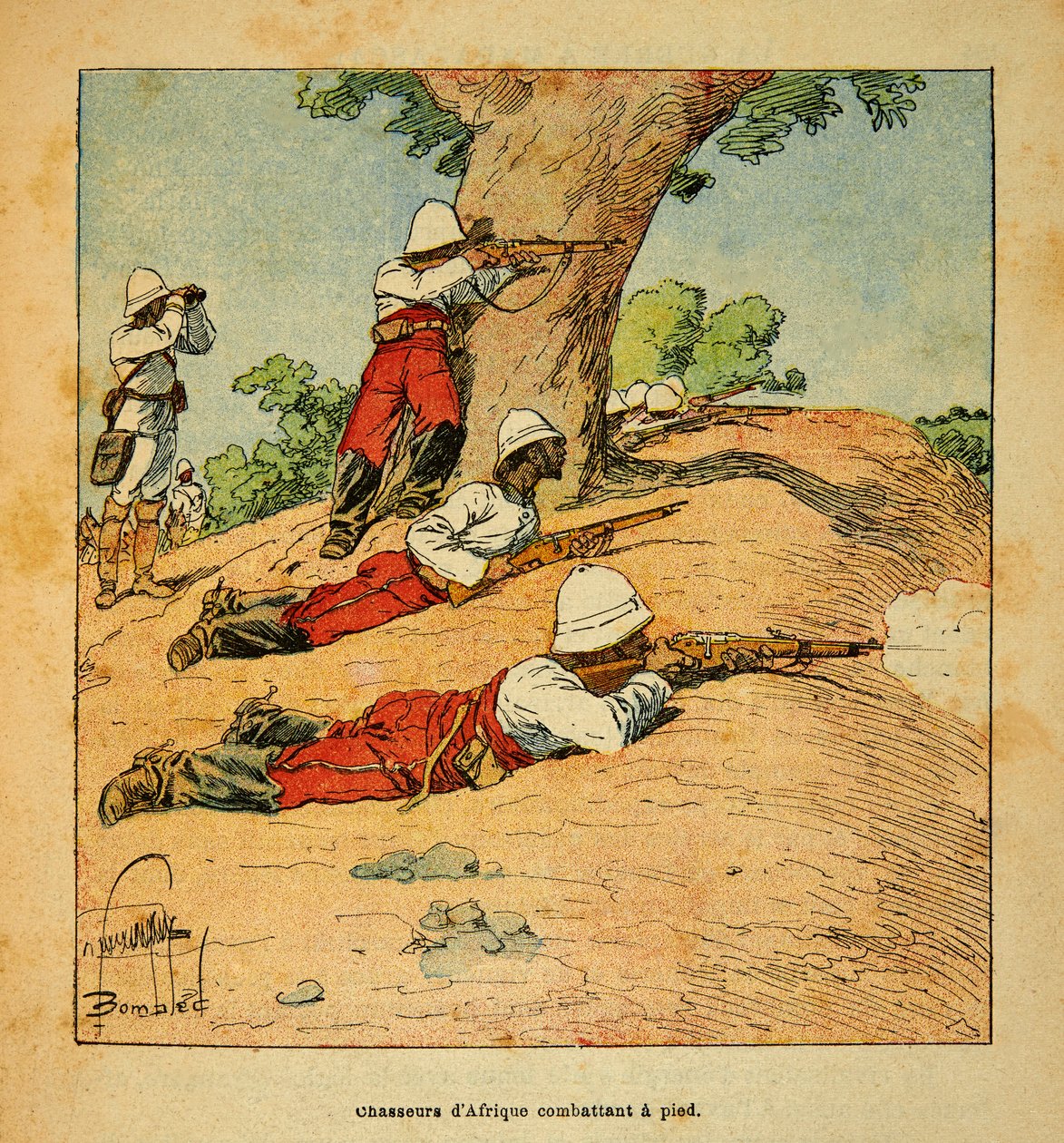 The War in Madagascar-Anecdotal History of the French Expeditions of 1885-1895 autorstwa Henri Galli dit Galllichet (1854-1922), ilustrowane przez Louis Bombled (1862-1927): Hunters of Africa fighting on foot in Madagascar in 1895, Private Collection autorstwa Louis Charles Bombled