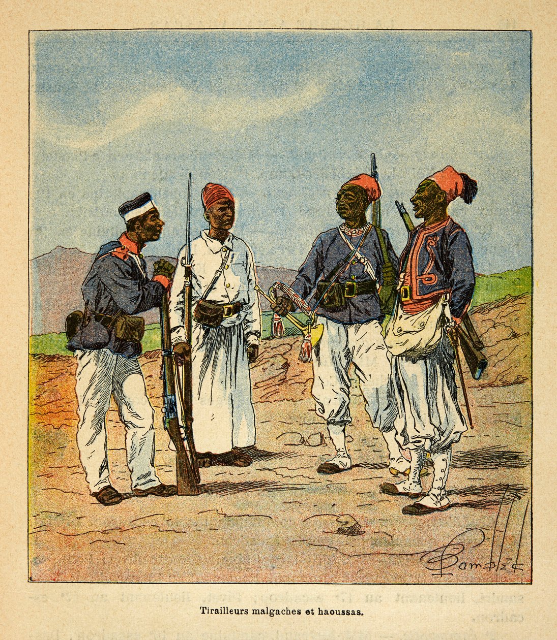 Wojna na Madagaskarze – anegdotyczna historia francuskich ekspedycji 1885-1895 Henri Galli dit Galllichet (1854-1922), ilustracja Louis Bombled (1862-1927): malgaski i Haoussas Tirailleurs, kolekcja prywatna autorstwa Louis Charles Bombled