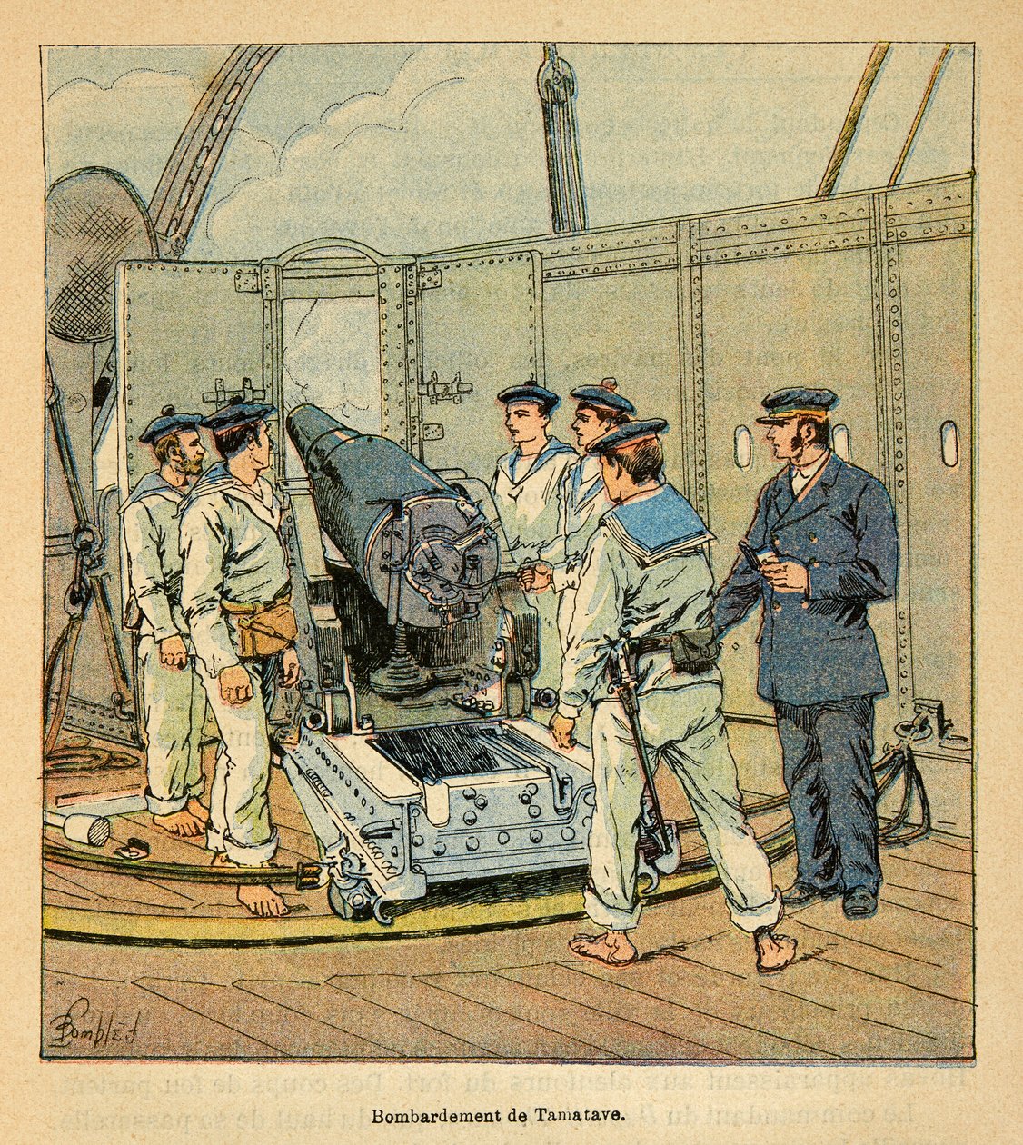Wojna na Madagaskarze – anegdotyczna historia francuskich ekspedycji z lat 1885-1895 Henri Galli dit Galllichet (1854-1922), ilustracja Louis Bombled (1862-1927): Bombardowanie Tamatave przez francuską marynarkę wojenną, zbiory prywatne autorstwa Louis Charles Bombled
