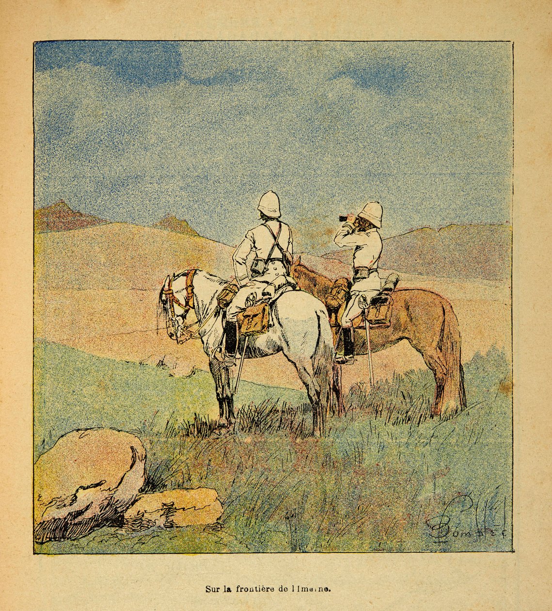 The War in Madagascar-Anecdotal History of the French Expeditions of 1885-1895 autorstwa Henri Galli dit Galllichet (1854-1922), ilustrowana przez Louis Bombled (1862-1927): Wojsko podczas rekonesansu na granicy Imerne i Madagaskaru w 1895 roku, kolekcja p autorstwa Louis Charles Bombled