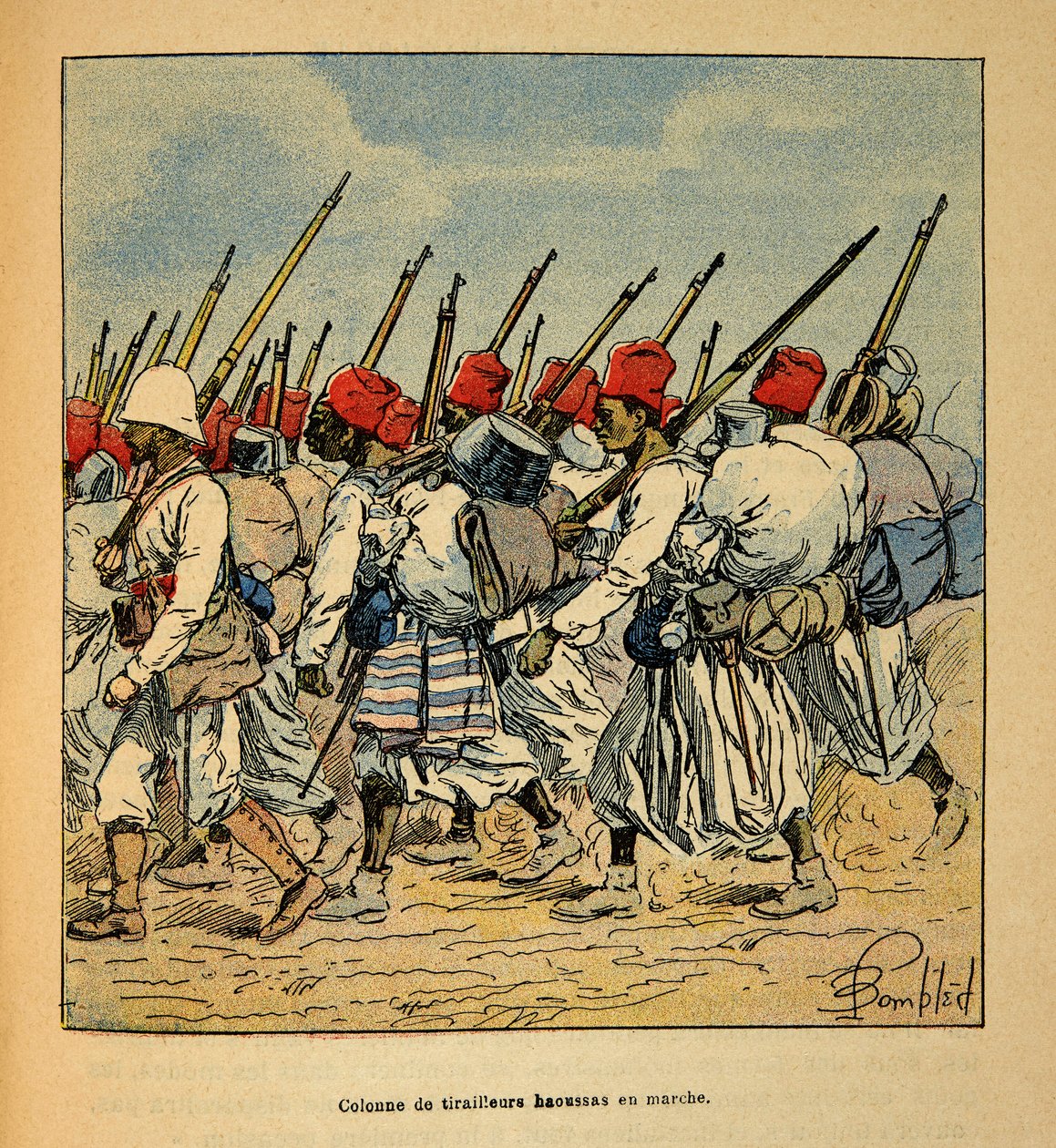 The War in Madagascar-Anecdotal History of the French Expeditions of 1885-1895 autorstwa Henri Galli dit Galllichet (1854-1922), ilustrowana przez Louis Bombled (1862-1927): Kolumna tirailleurs z Haoussas maszerująca w 1895 r., kolekcja prywatna autorstwa Louis Charles Bombled