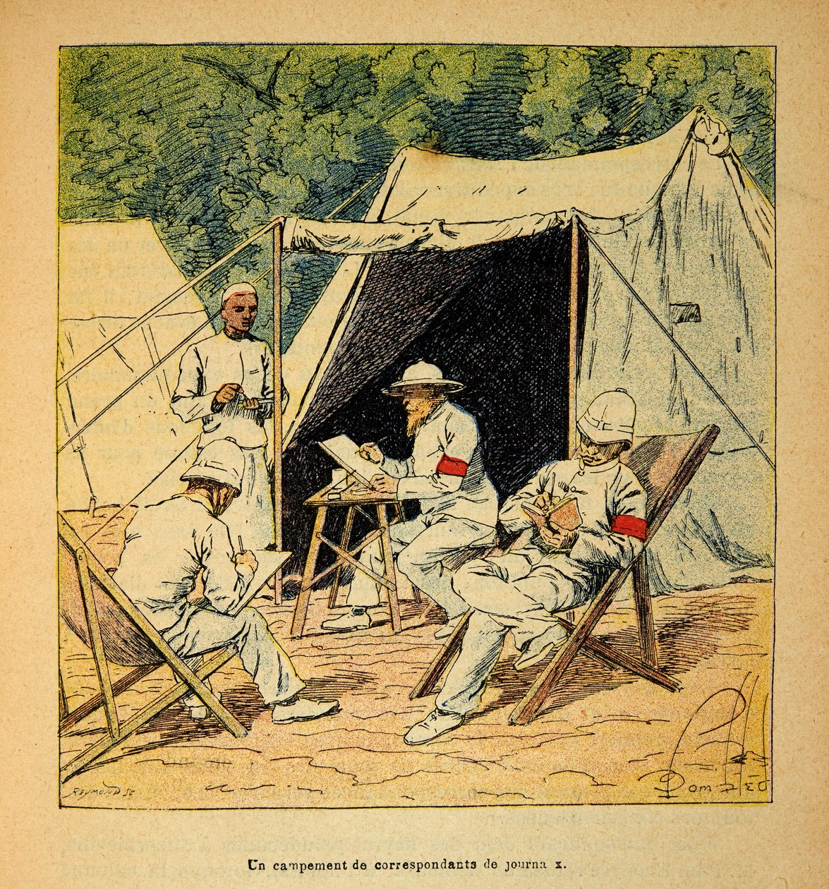 Wojna na Madagaskarze – anegdotyczna historia francuskich ekspedycji z lat 1885-1895 Henri Galli dit Galllichet (1854-1922), zilustrowana przez Louisa Bombleda (1862-1927): Obóz korespondentów prasowych na Madagaskarze w 1895 r., zbiory prywatne autorstwa Louis Charles Bombled