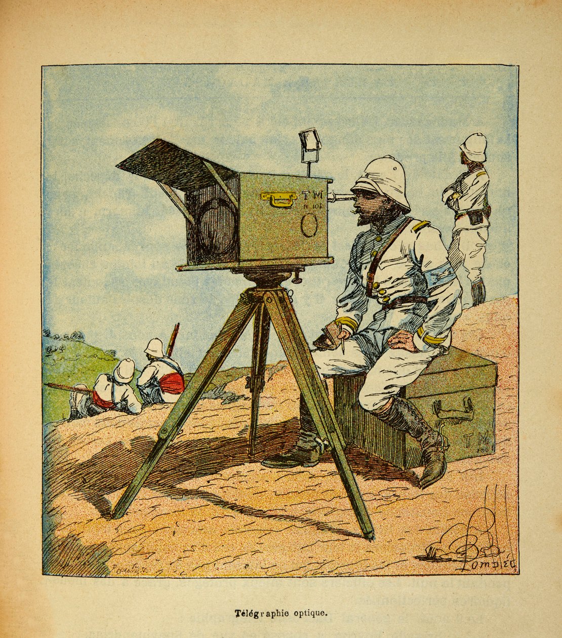 Wojna na Madagaskarze-Anegdota Historia francuskich wypraw 1885-1895 Henri Galli dit Galllichet (1854-1922), ilustracja Louis Bombled (1862-1927): Telegrafia optyczna w 1895, kolekcja prywatna autorstwa Louis Charles Bombled