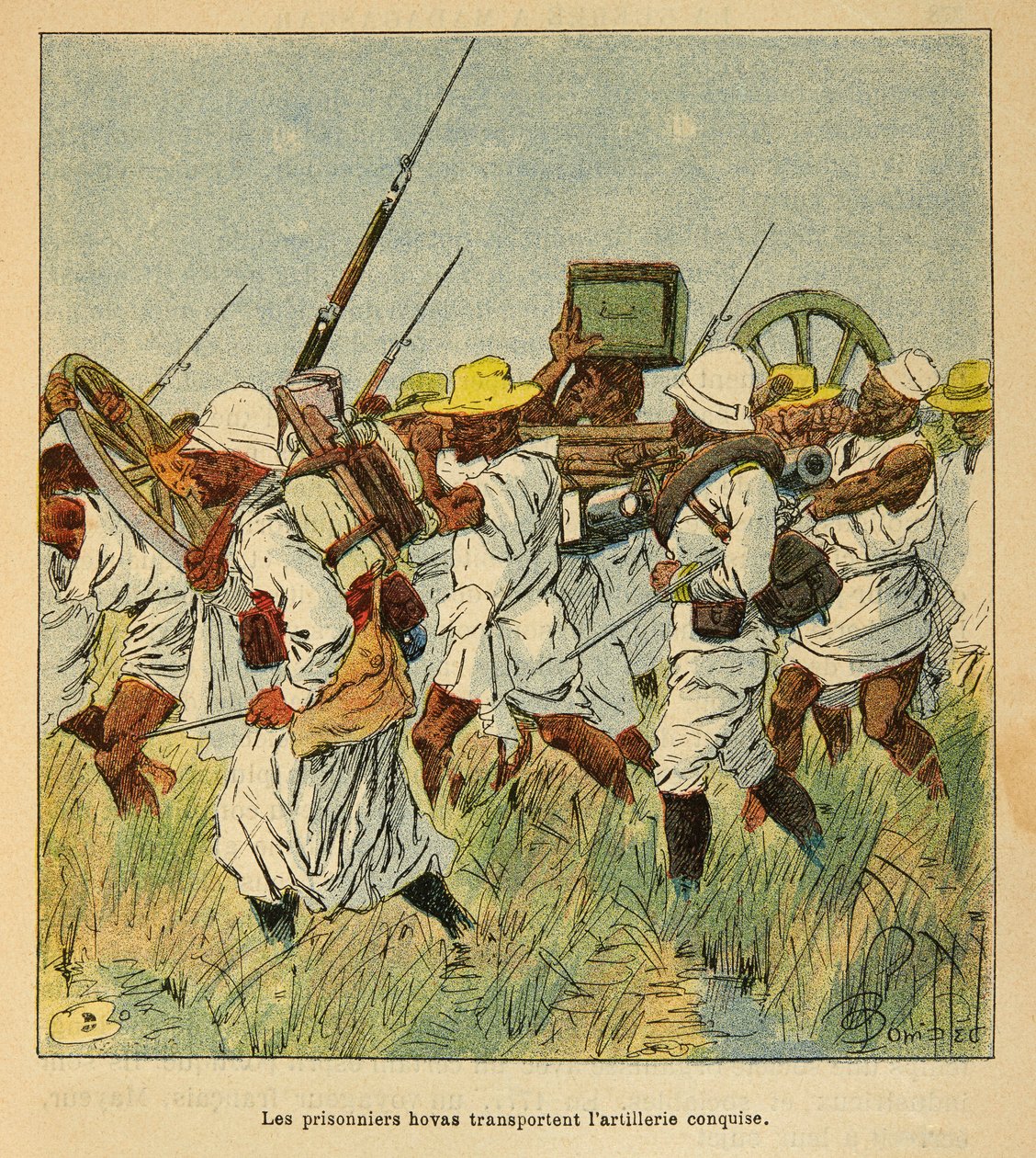 د ماداګاسکر جګړه - د 1885-1895 د فرانسوي عملیاتو تاریخي تاریخ د هینري ګیلي ډیټ ګیلیچټ (1854-1922) لخوا، د لویس بمبلډ (1862-1927) لخوا انځور شوی: بندیان هووس د توپخانې د ټوټو د لیږدولو لپاره کارولې. autorstwa Louis Charles Bombled