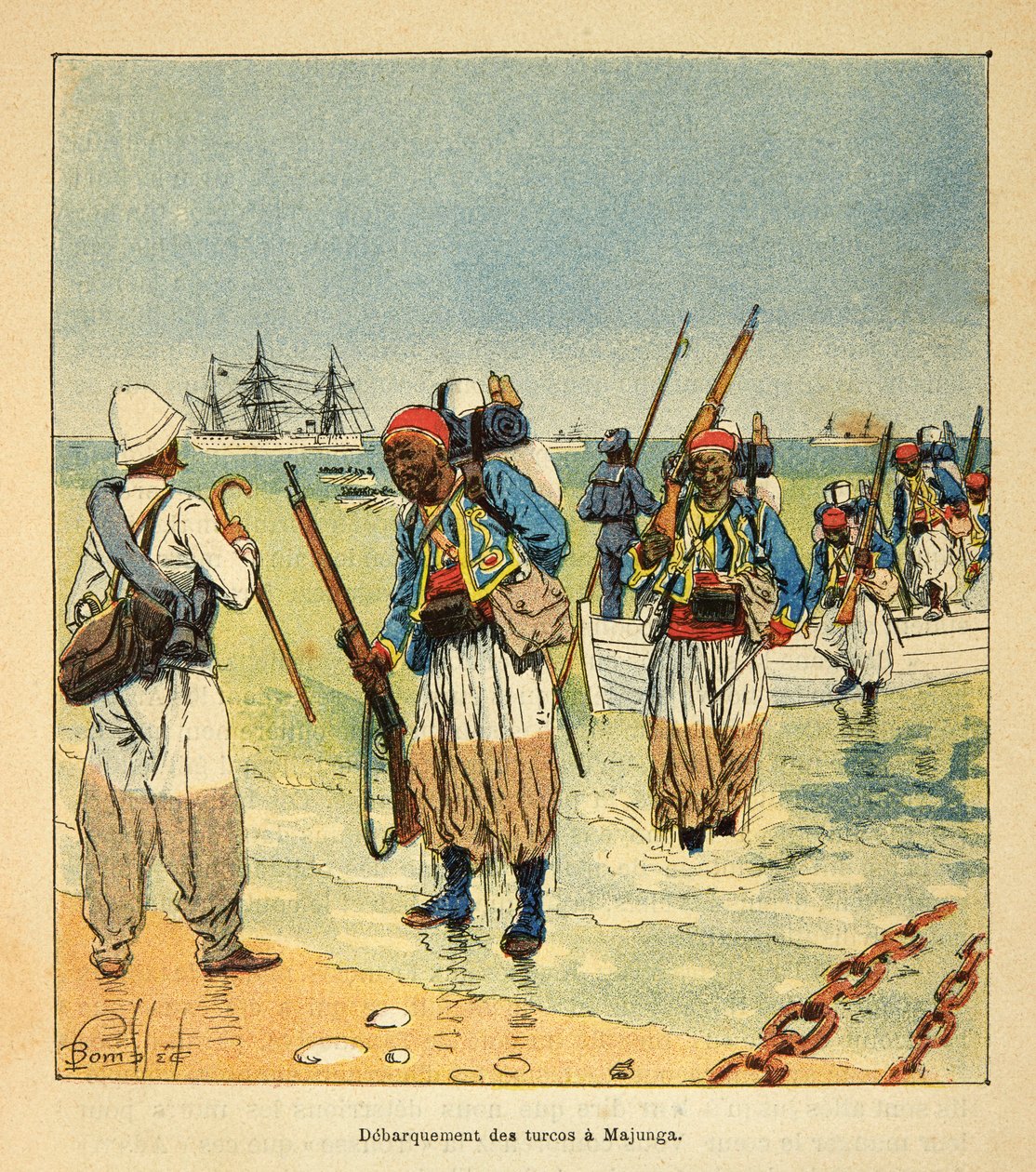 Wojna na Madagaskarze – anegdotyczna historia francuskich ekspedycji z lat 1885-1895 Henri Galli dit Galllichet (1854-1922), ilustracja Louis Bombled (1862-1927): Debarquement des Turcos a Majunga, kolekcja prywatna autorstwa Louis Charles Bombled