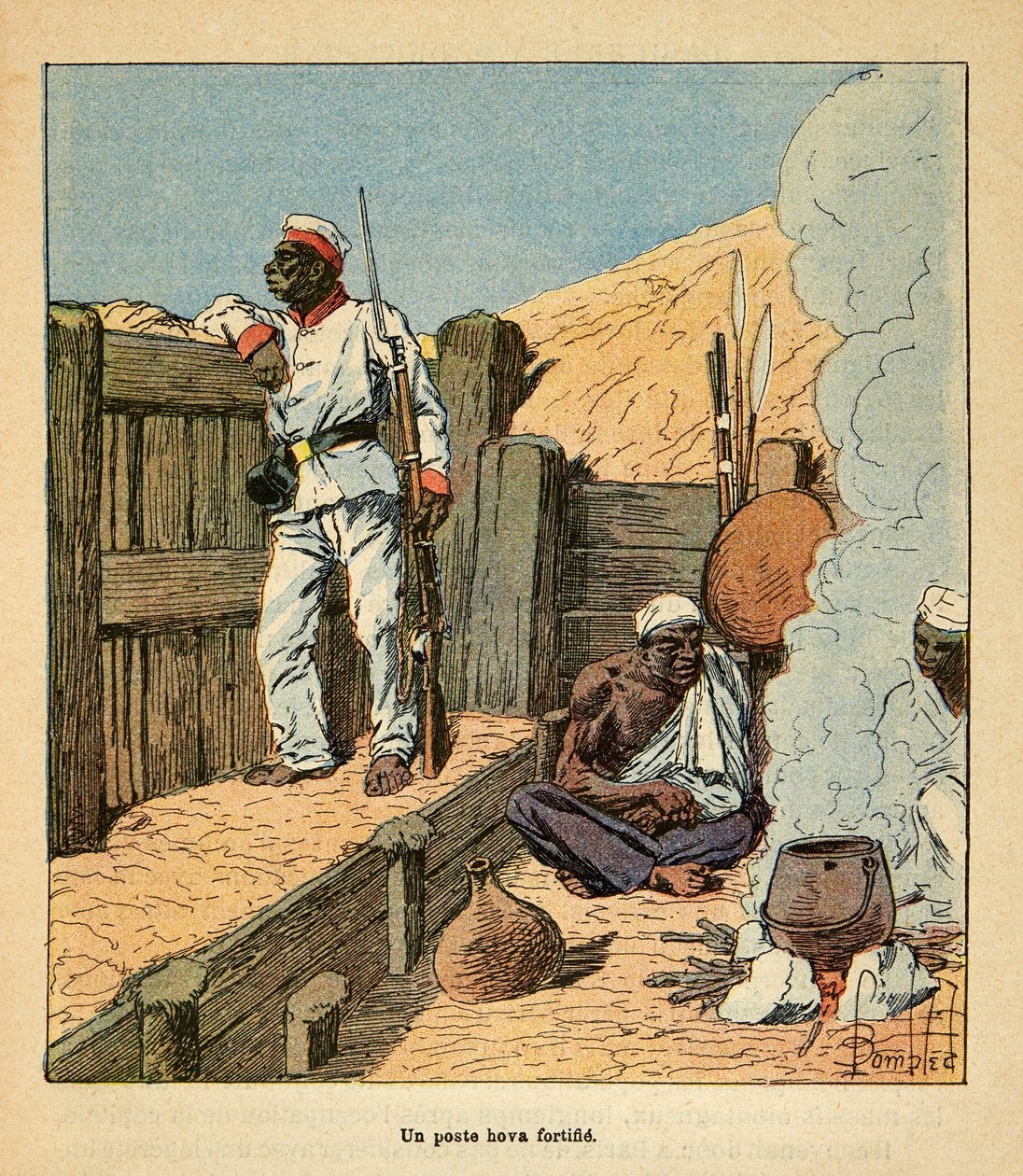Wojna na Madagaskarze – anegdotyczna historia francuskich ekspedycji z lat 1885-1895 Henri Galli dit Galllichet (1854-1922), zilustrowana przez Louisa Bombleda (1862-1927): Post Hova wzmacnia, kolekcja prywatna autorstwa Louis Charles Bombled