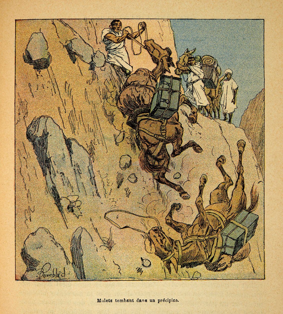 Wojna na Madagaskarze-Anegdota Historia francuskich ekspedycji 1885-1895 Henri Galli dit Galllichet (1854-1922), ilustracja Louis Bombled (1862-1927): Mulety konwoju wojskowego spadającego w przepaść, Zbiór szczególny autorstwa Louis Charles Bombled