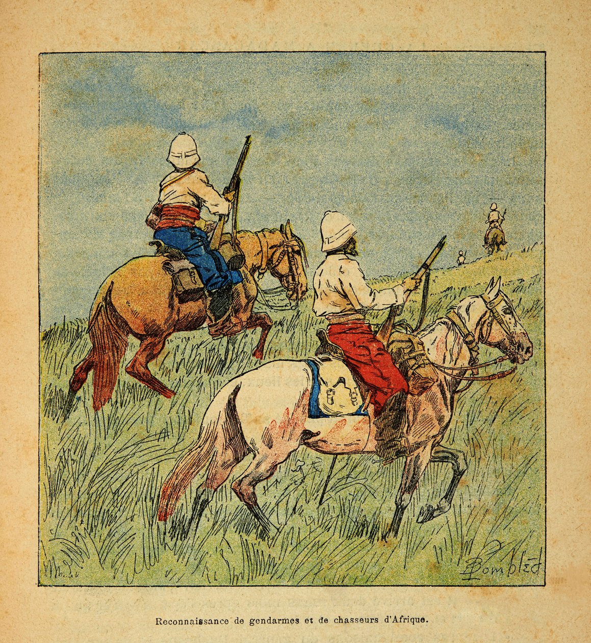 Wojna na Madagaskarze-Anegdota Historia francuskich ekspedycji 1885-1895 Henri Galli dit Galllichet (1854-1922), ilustracja Louis Bombled (1862-1927): Uznanie żandarmów i myśliwych z Afryki na Madagaskarze w 1895 r., zbiory prywatne autorstwa Louis Charles Bombled