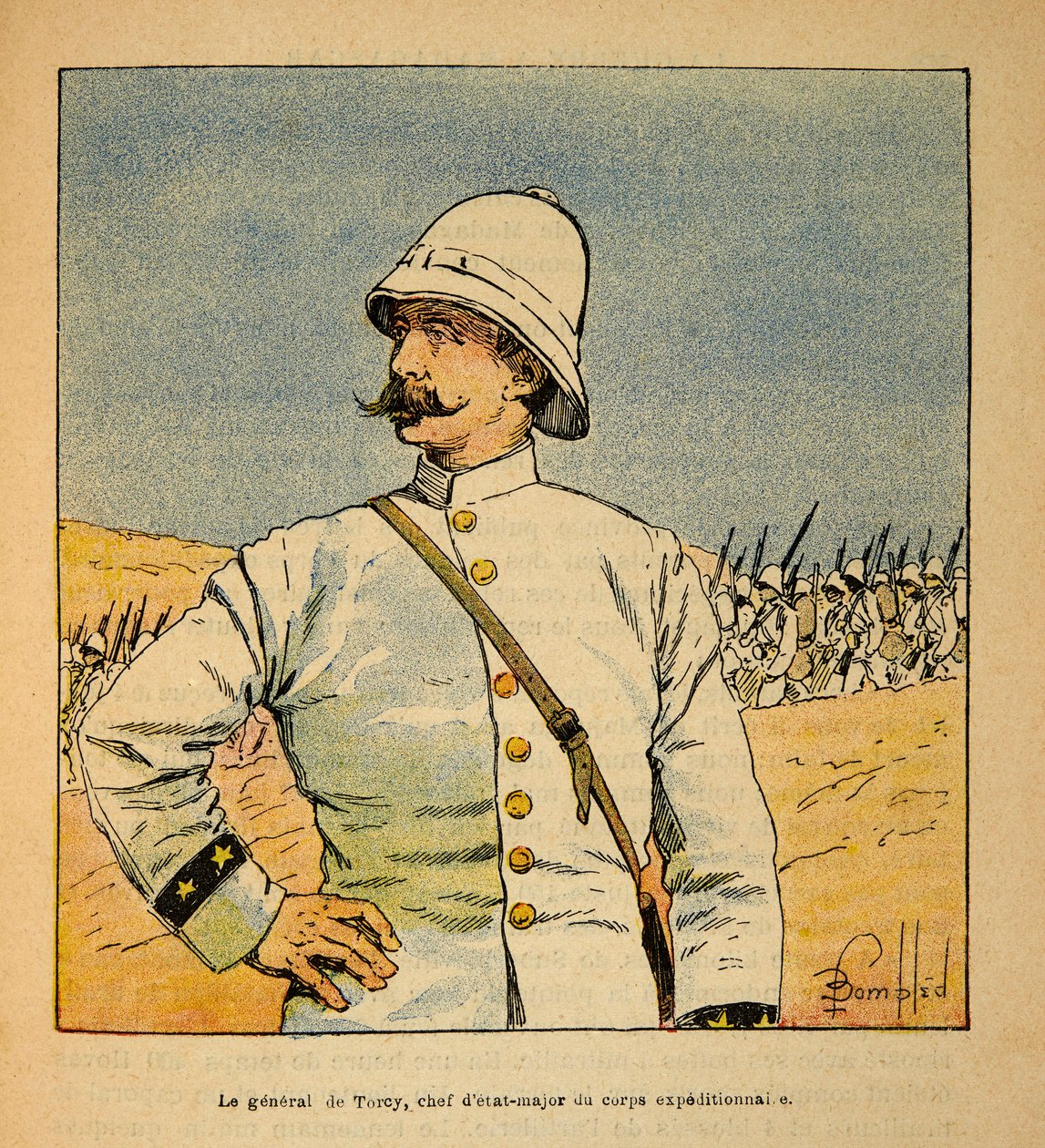 Wojna na Madagaskarze-Anegdota Historia francuskich ekspedycji 1885-1895 Henri Galli dit Galllichet (1854-1922), ilustracja Louis Bombled (1862-1927): Portret generała De Torcy (1844-1918), szefa sztabu Oddziału Ekspedycyjnego w Madag autorstwa Louis Charles Bombled