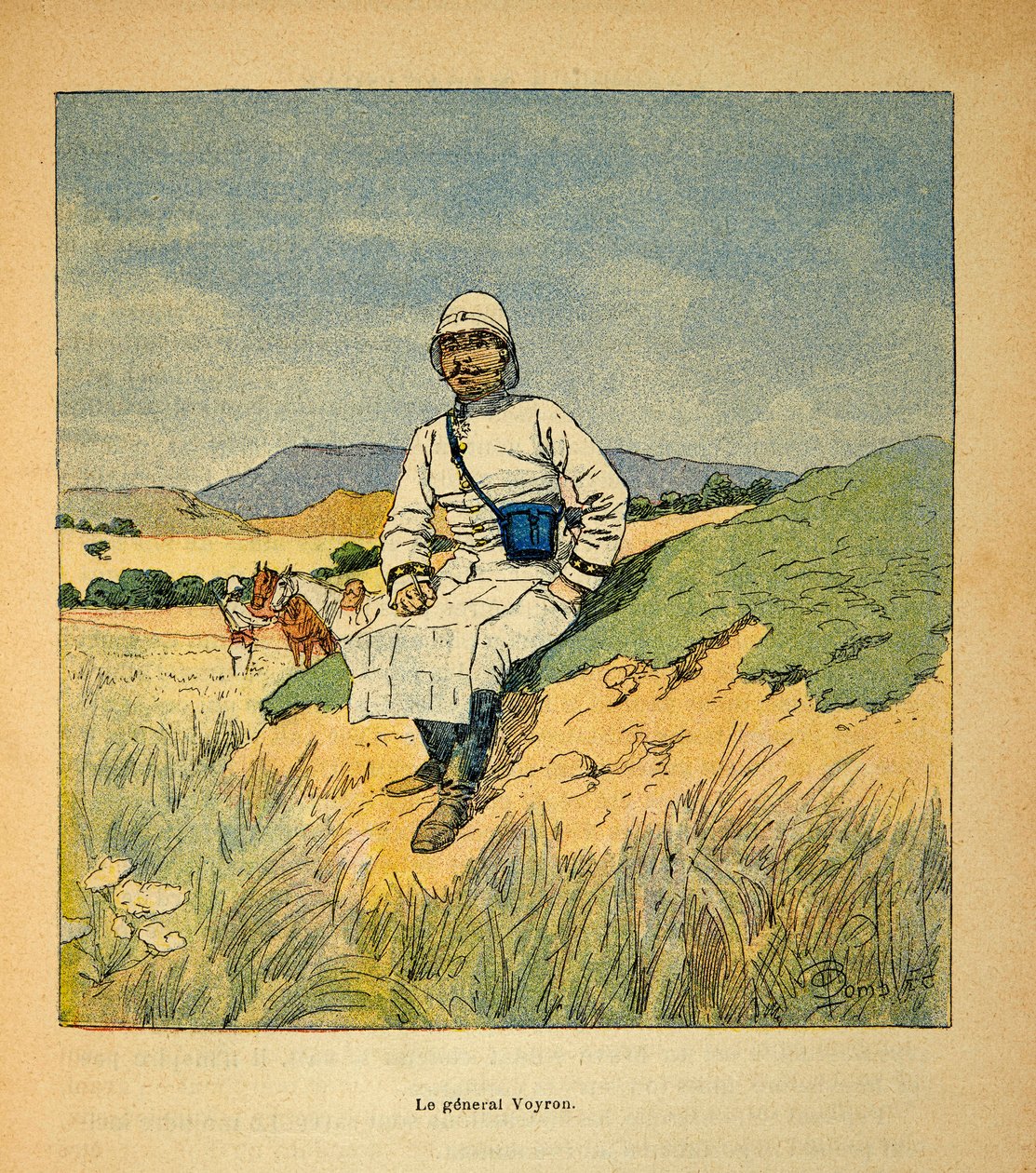 Wojna na Madagaskarze-Anegdota Historia francuskich ekspedycji 1885-1895 Henri Galli dit Galllichet (1854-1922), ilustracja Louis Bombled (1862-1927): Portret generała Voyrona (1838-1921), kolekcja prywatna autorstwa Louis Charles Bombled